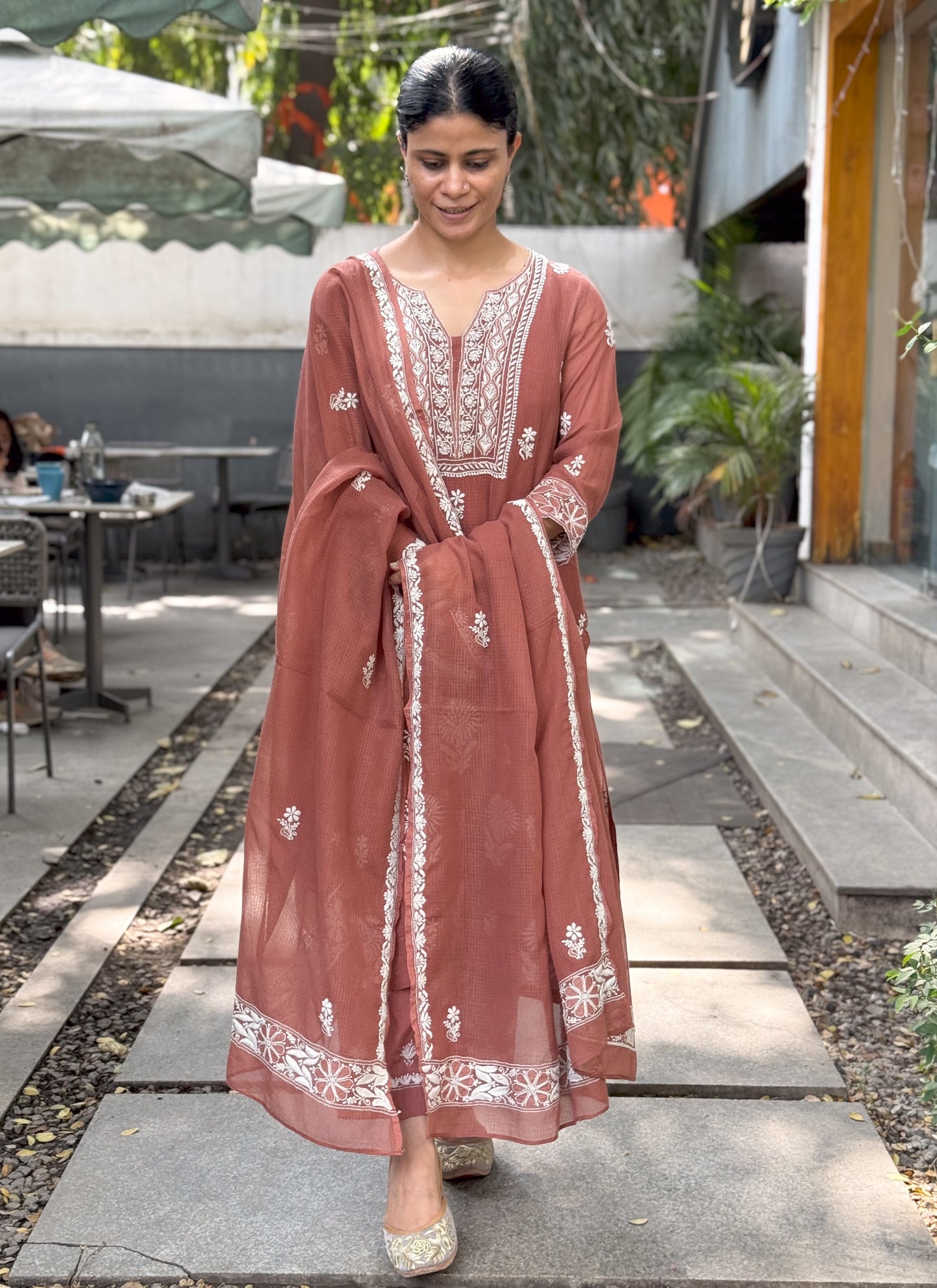 Handembroidered Chikankari Kota Doria dupatta