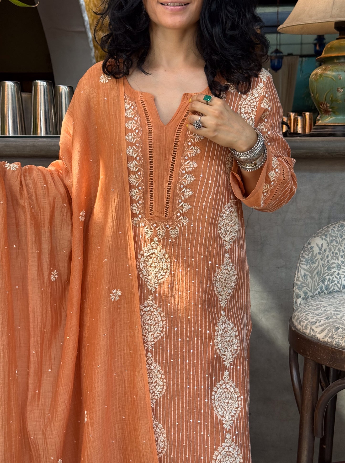 Pure Chanderi Muslin Chikankari & Beads Embroidered Kurta & Dupatta