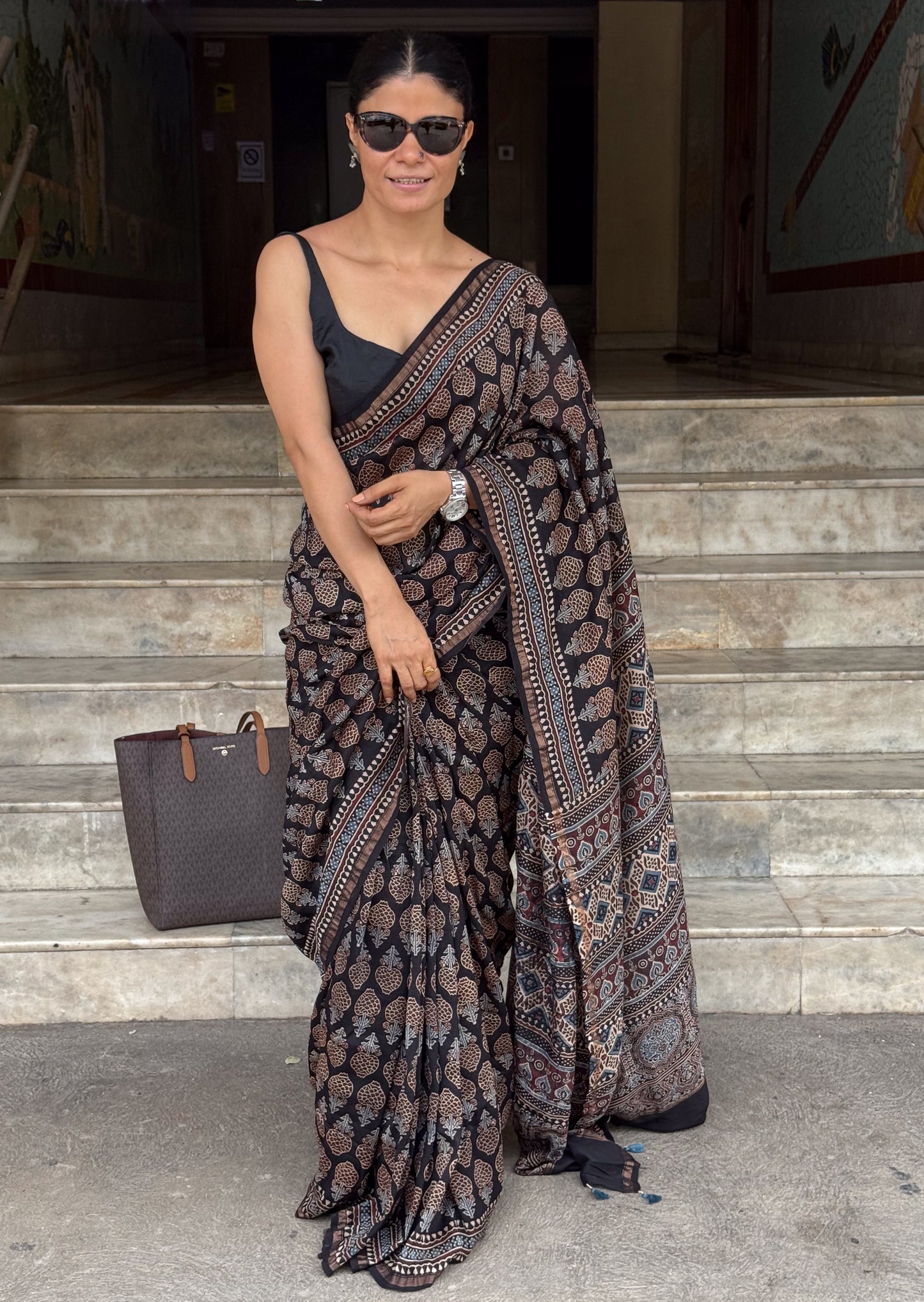 Pure Handblock Printed Ajrakh Chanderi Silk Saree.