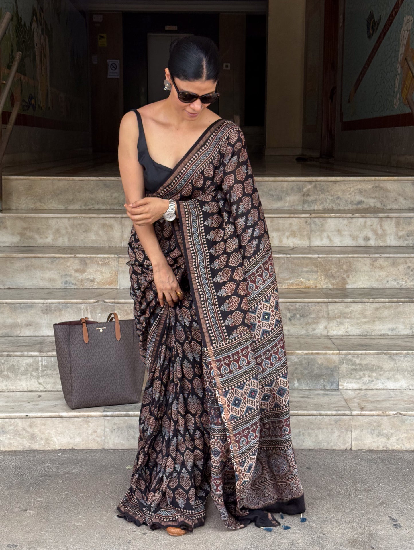 Pure Handblock Printed Ajrakh Chanderi Silk Saree.