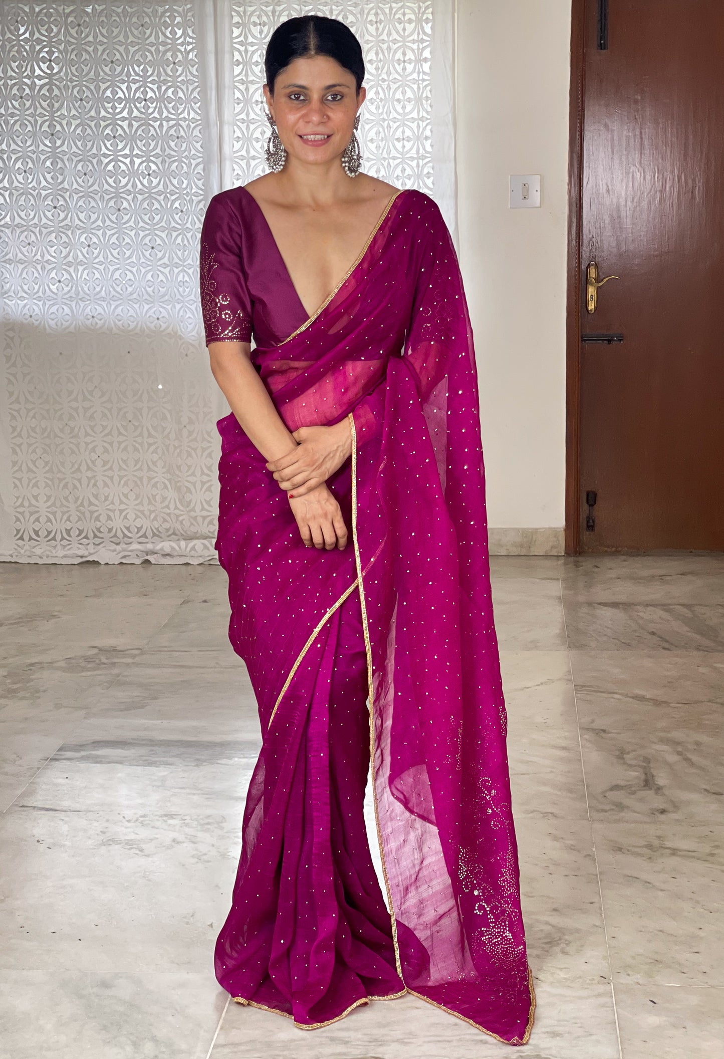 Hand Embroidered Mukaish Work Organza Silk Saree