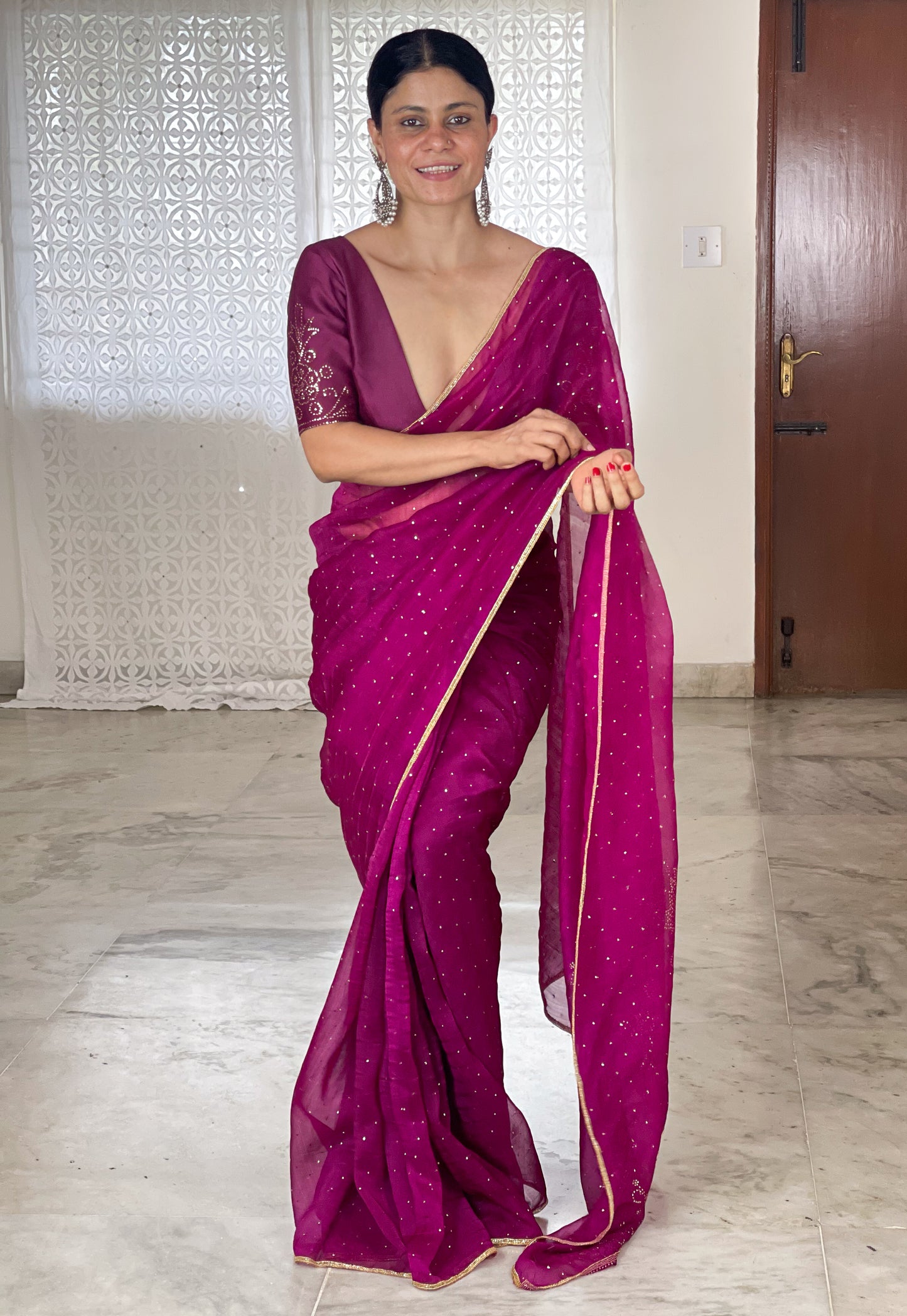 Hand Embroidered Mukaish Work Organza Silk Saree