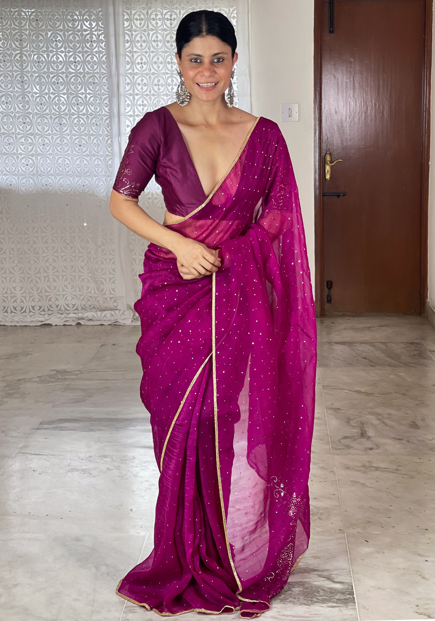 Hand Embroidered Mukaish Work Organza Silk Saree
