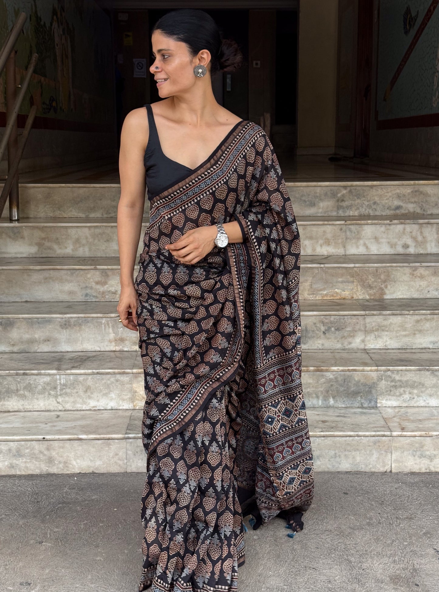 Pure Handblock Printed Ajrakh Chanderi Silk Saree.