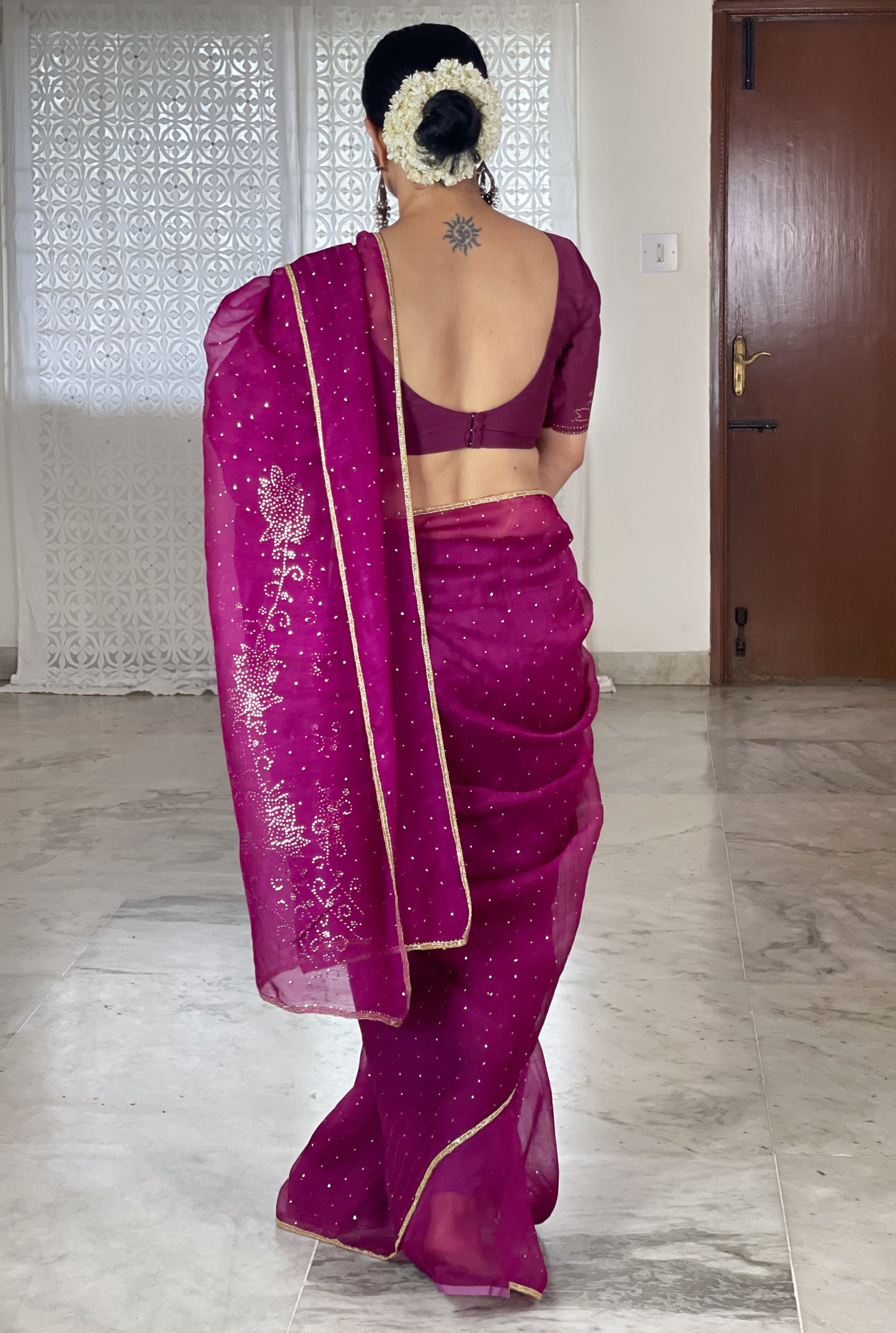 Hand Embroidered Mukaish Work Organza Silk Saree