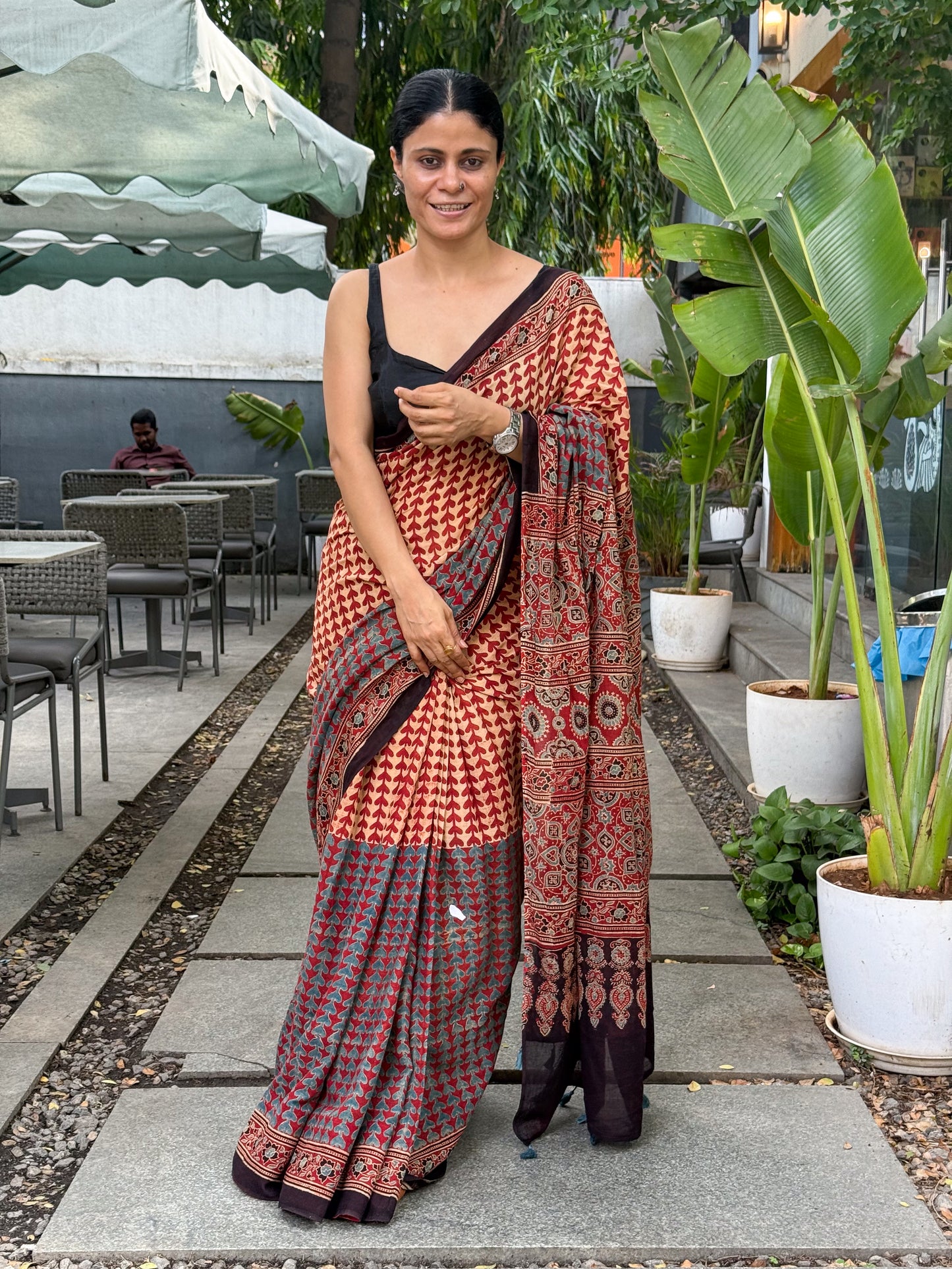 Pure Handblock Printed Ajrakh Mull Cotton Saree.