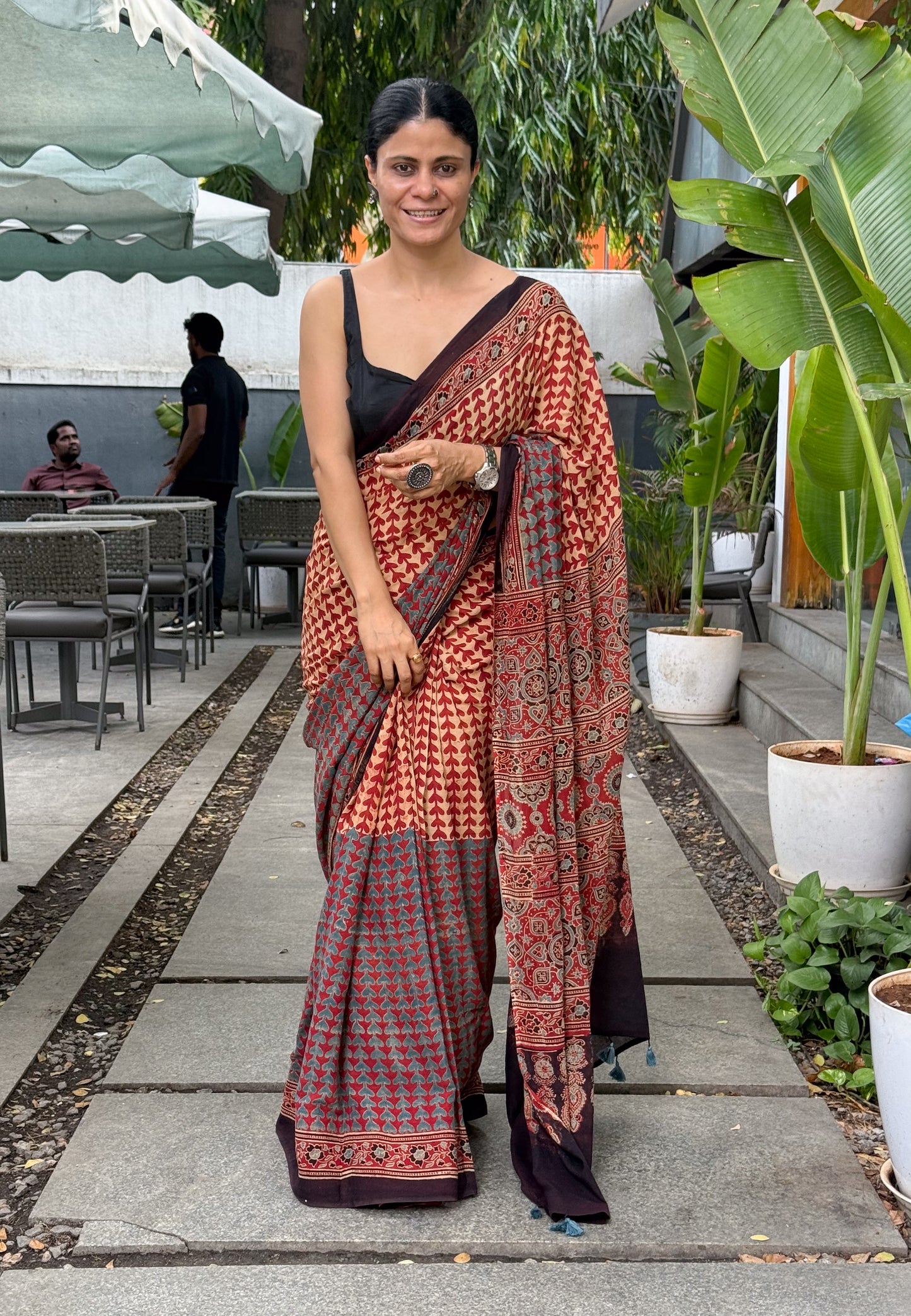 Pure Handblock Printed Ajrakh Mull Cotton Saree.