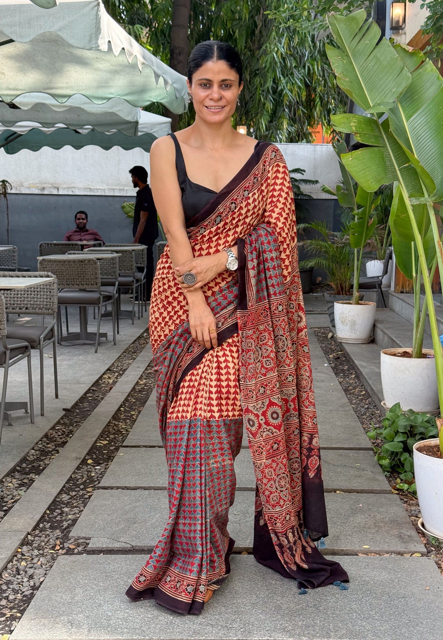 Pure Handblock Printed Ajrakh Mull Cotton Saree.