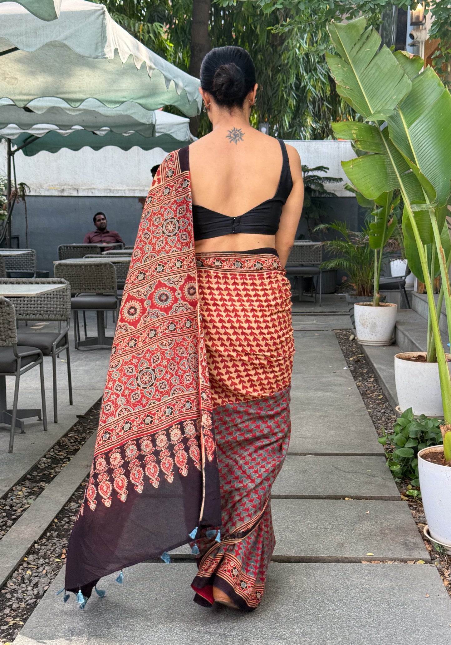 Pure Handblock Printed Ajrakh Mull Cotton Saree.