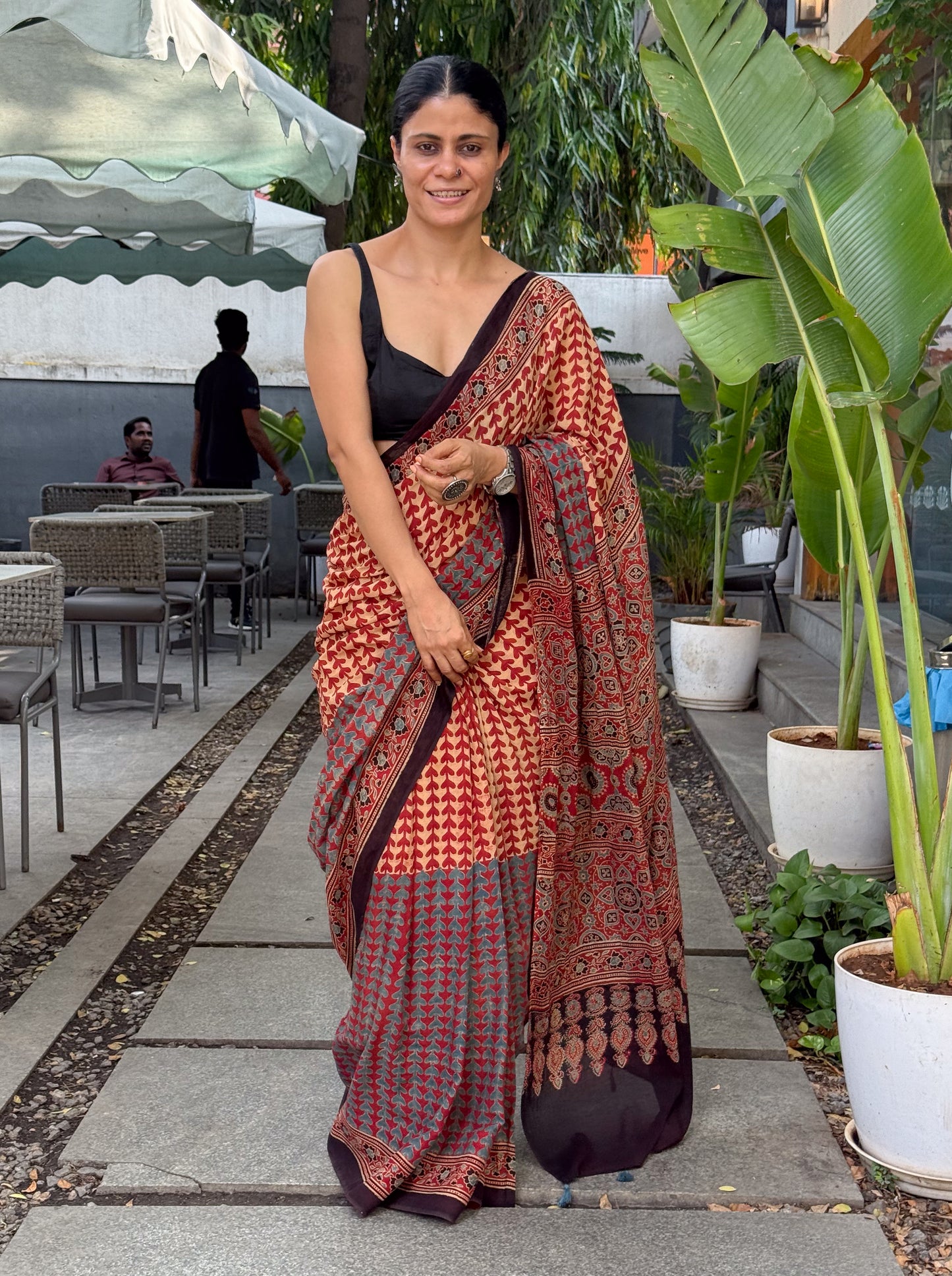 Pure Handblock Printed Ajrakh Mull Cotton Saree.