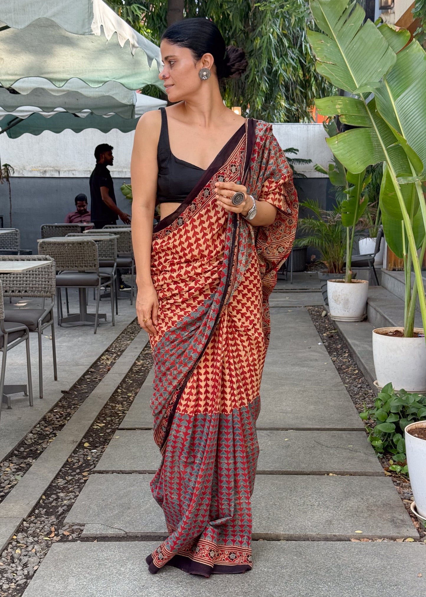 Pure Handblock Printed Ajrakh Mull Cotton Saree.