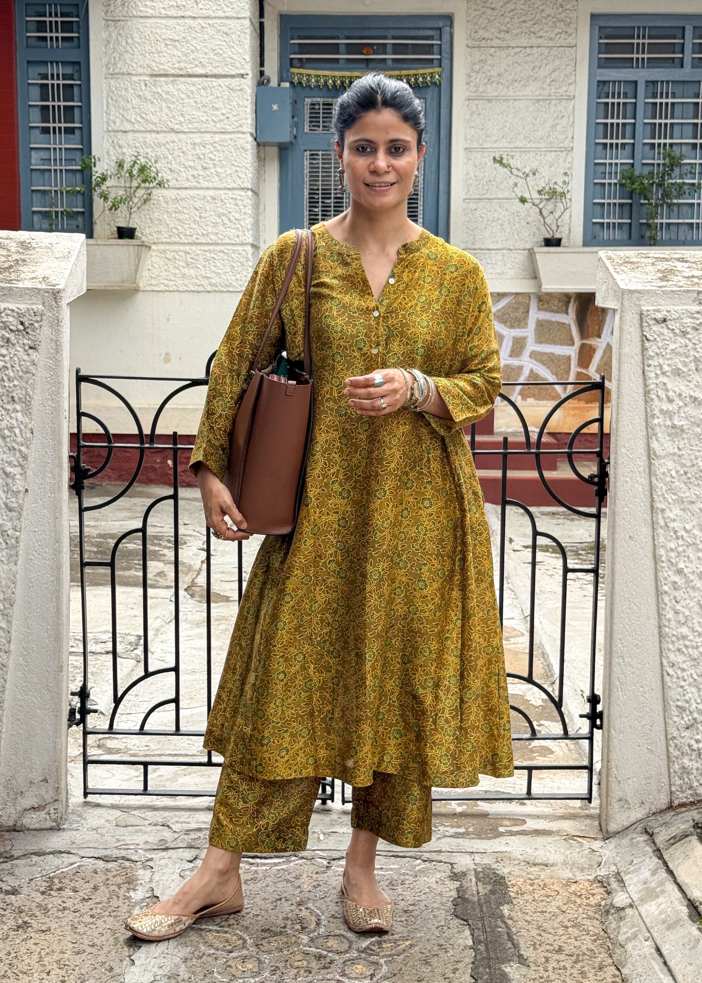Handblock Printed Natural Dyed Ajrakh Chanderi Silk Kalidar Kurta
