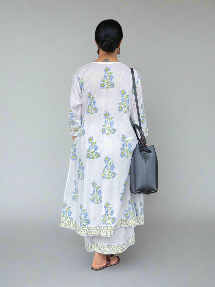 Handloom & handblock printed Kalidar kurta with yoke designs with pant.