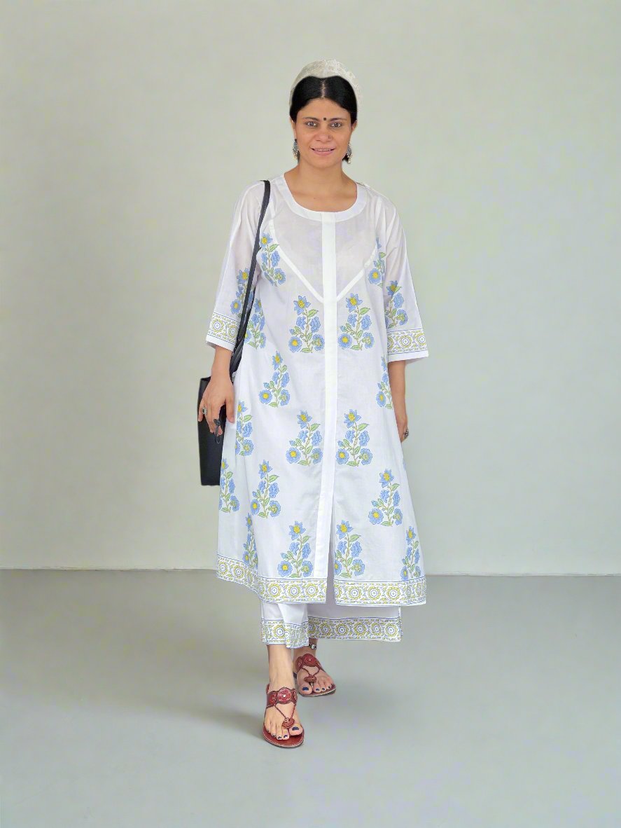 Handloom & handblock printed Kalidar kurta with yoke designs with pant.