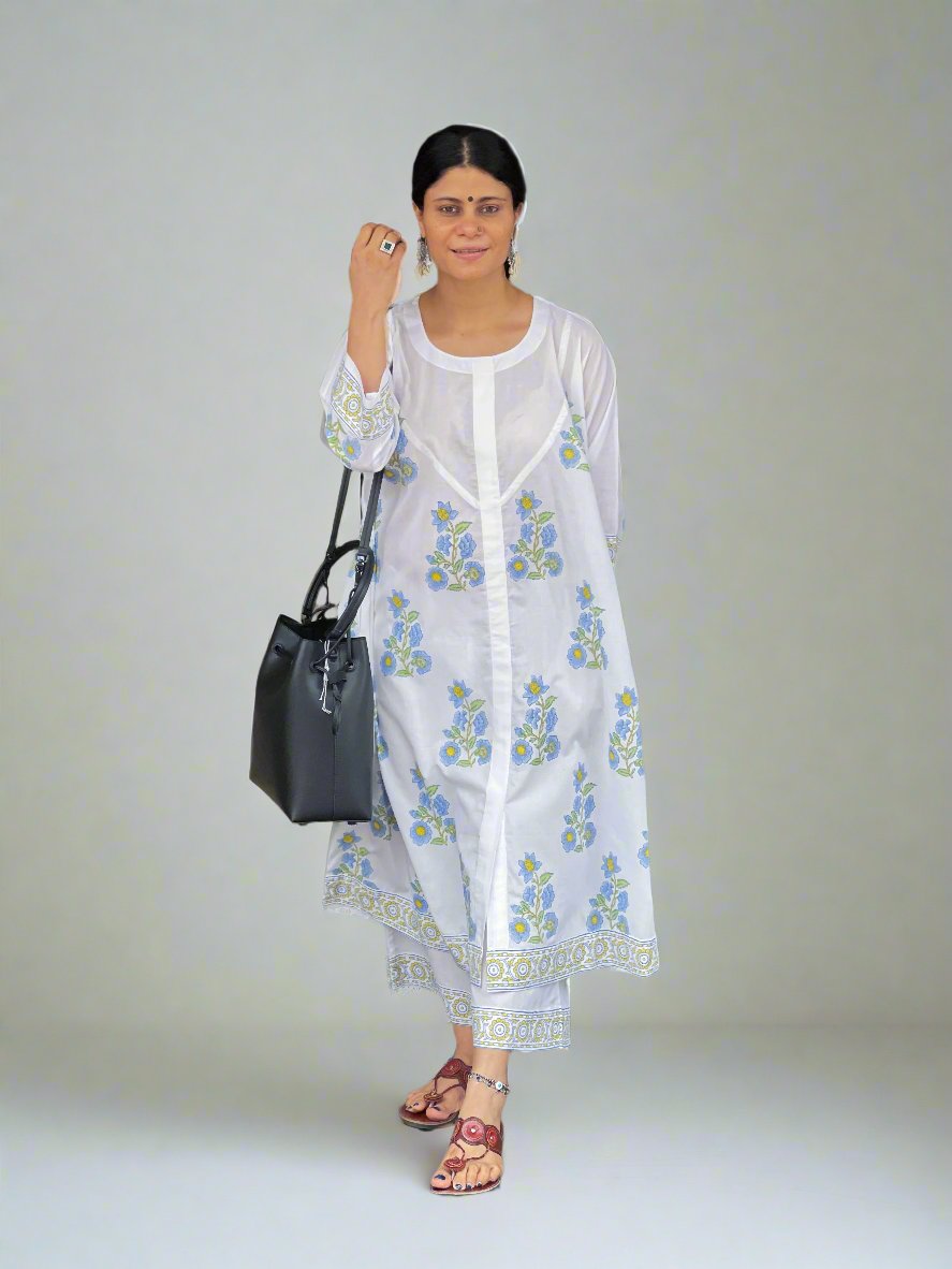Handloom & handblock printed Kalidar kurta with yoke designs with pant.
