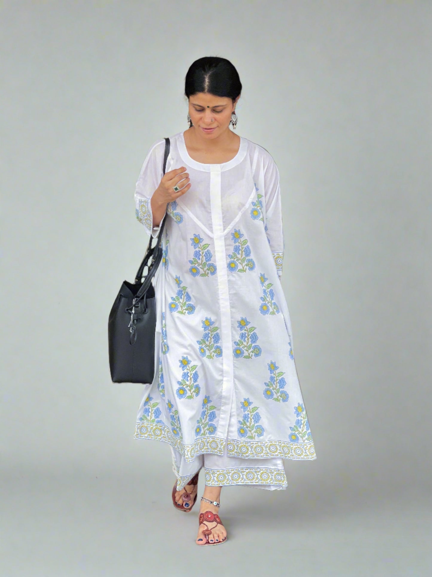Handloom & handblock printed Kalidar kurta with yoke designs with pant.