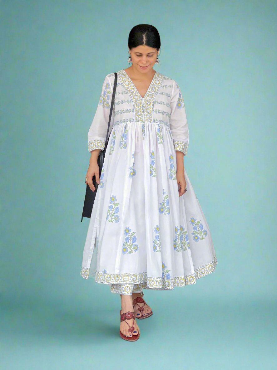 Handloom & handblock printed Kalidar kurta with yoke designs with pant .