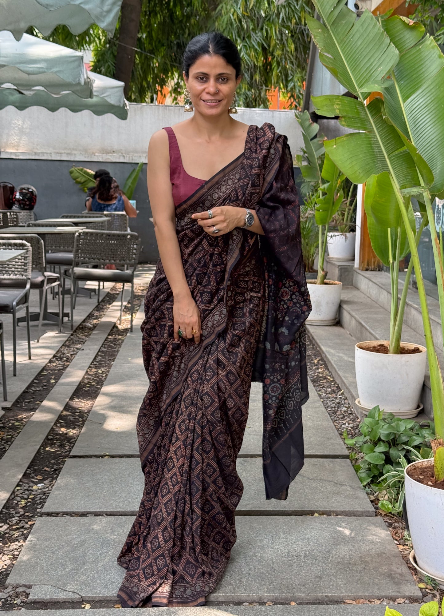Pure Handblock Printed Ajrakh Chanderi Silk Saree.