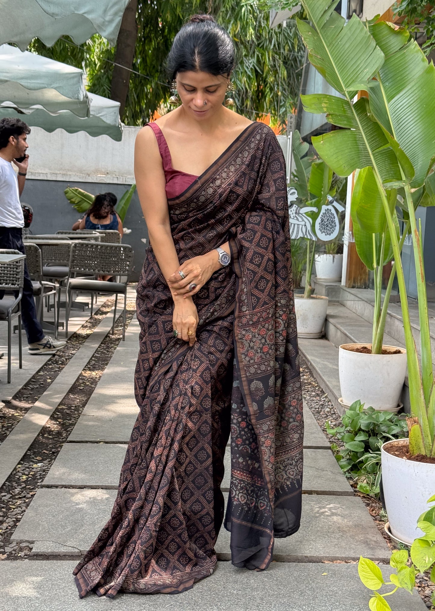Pure Handblock Printed Ajrakh Chanderi Silk Saree.