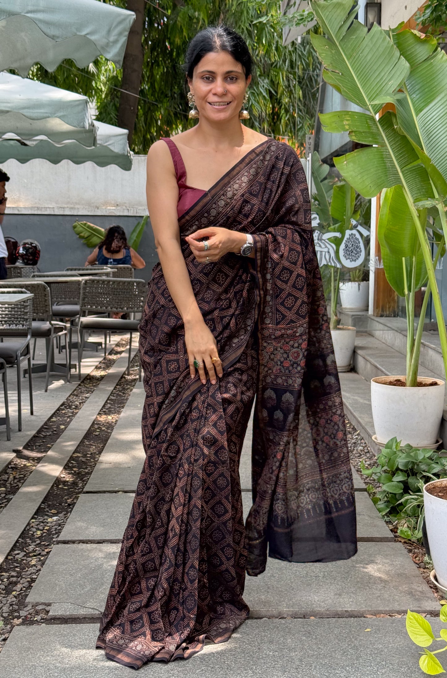 Pure Handblock Printed Ajrakh Chanderi Silk Saree.