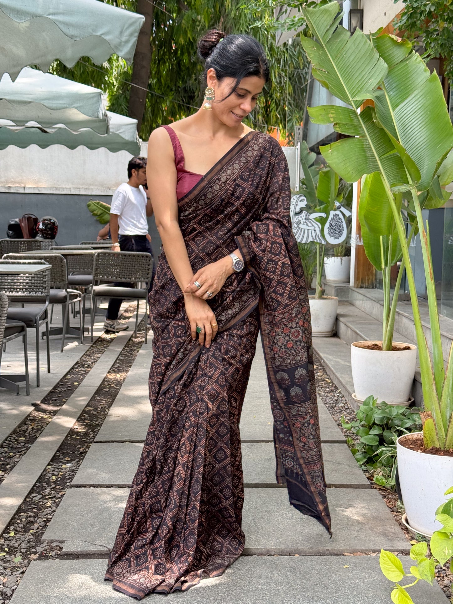 Pure Handblock Printed Ajrakh Chanderi Silk Saree.