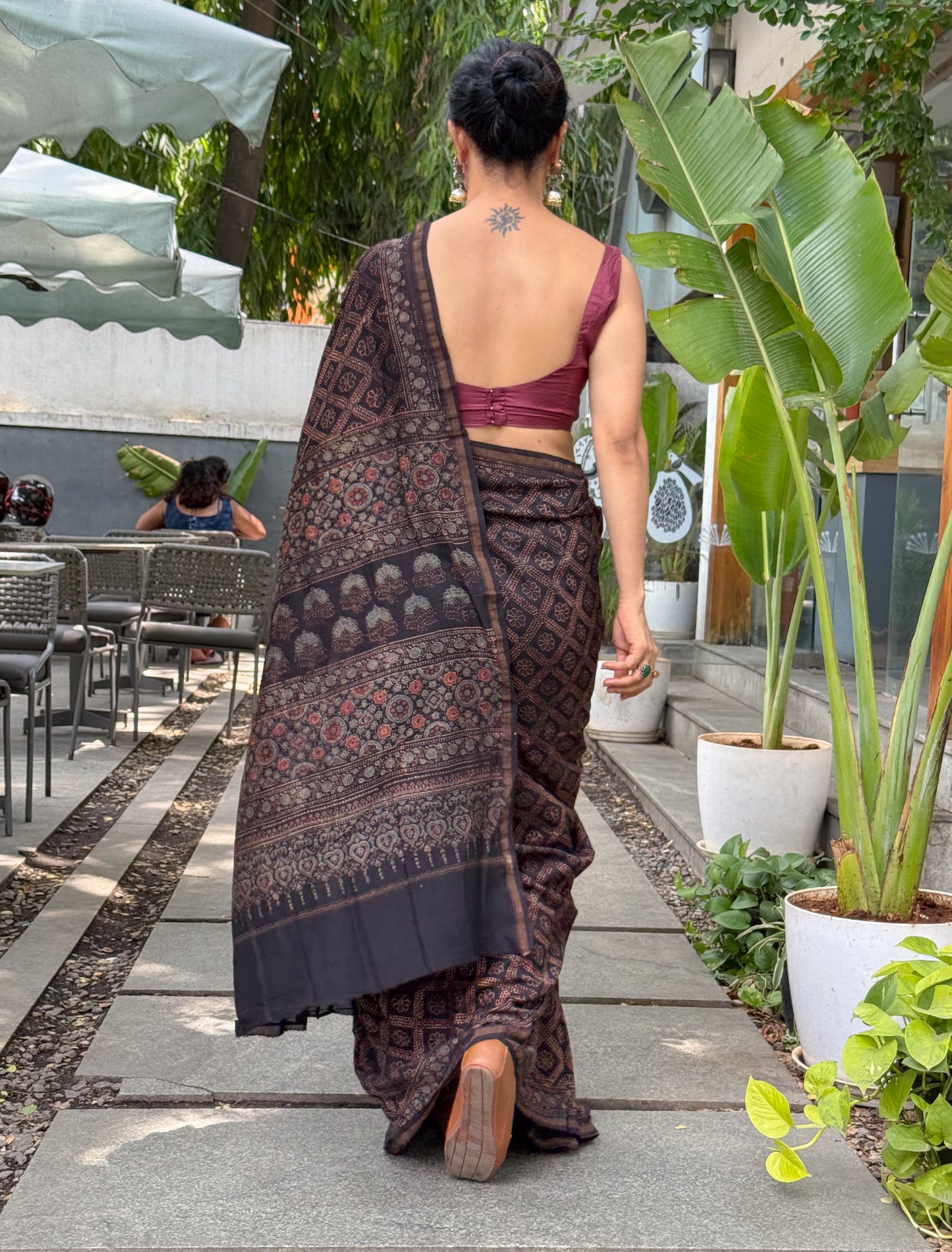 Pure Handblock Printed Ajrakh Chanderi Silk Saree.