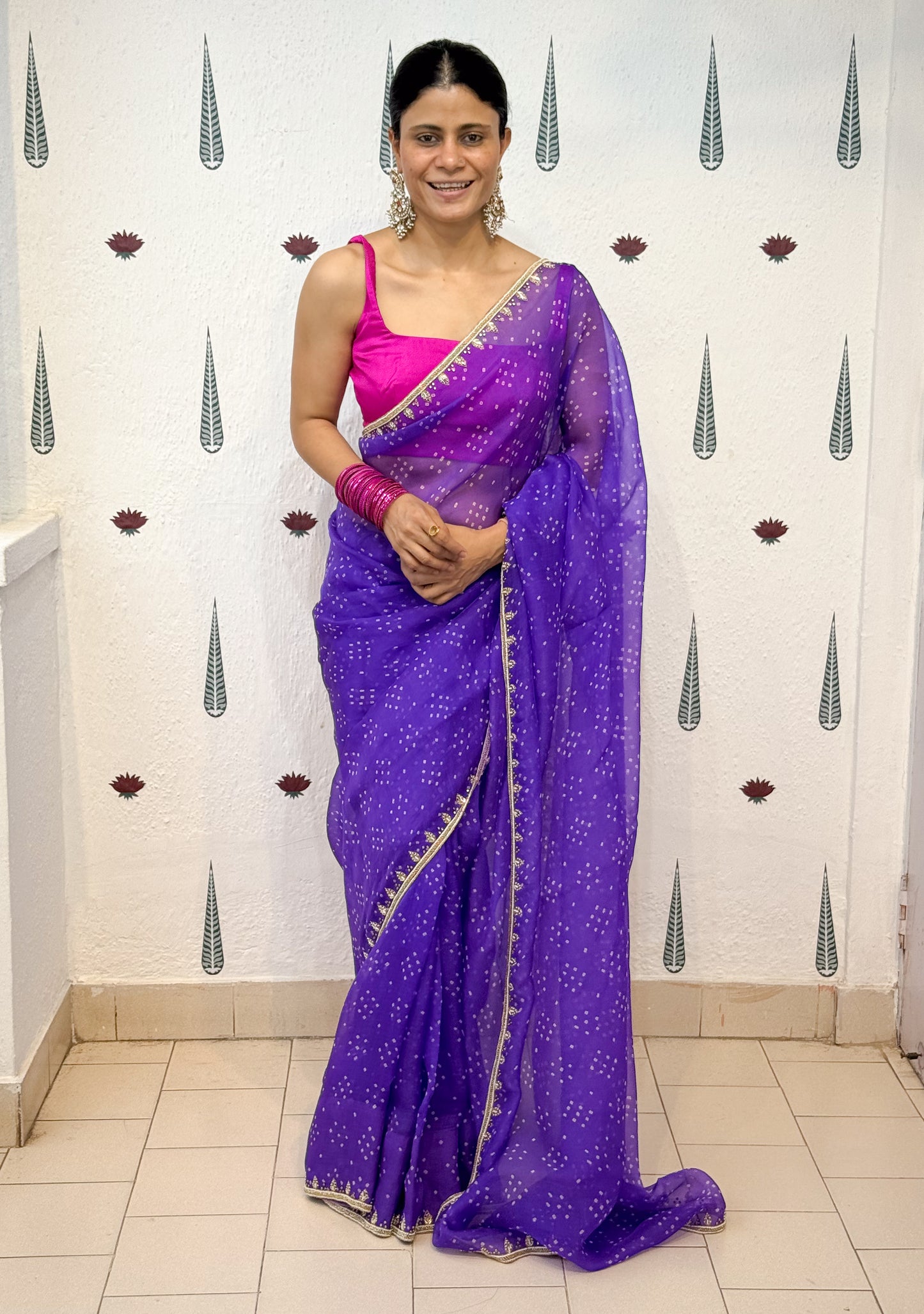 Handloom & Hand Embroidered Bandhini Organza Silk Saree .