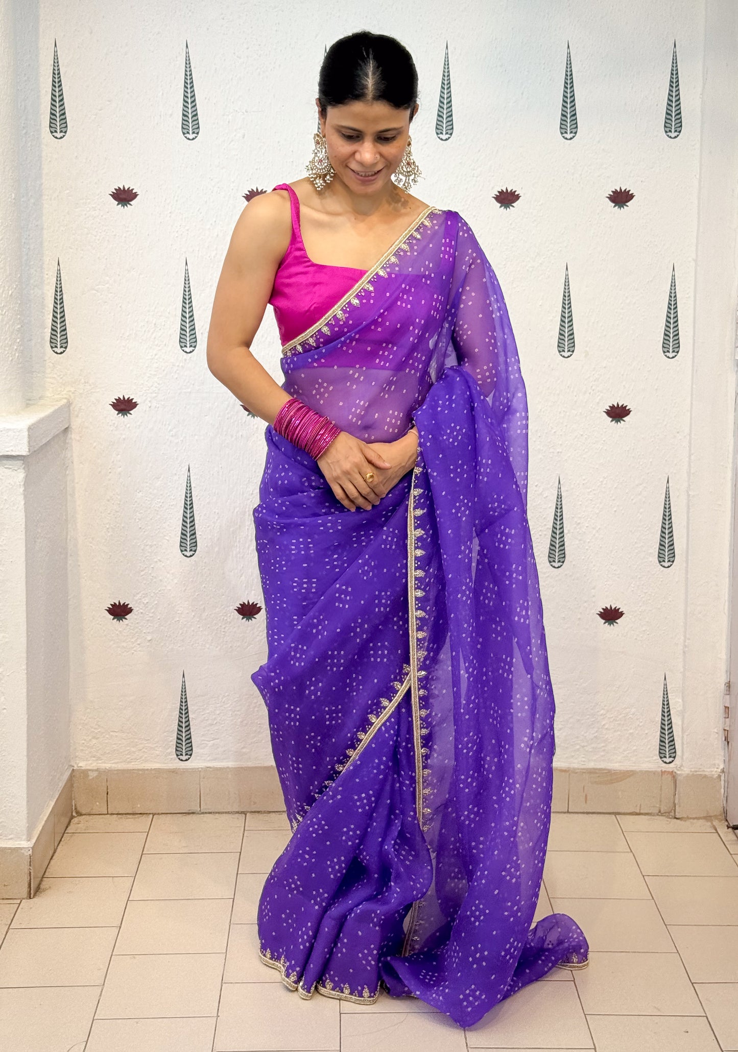 Handloom & Hand Embroidered Bandhini Organza Silk Saree .