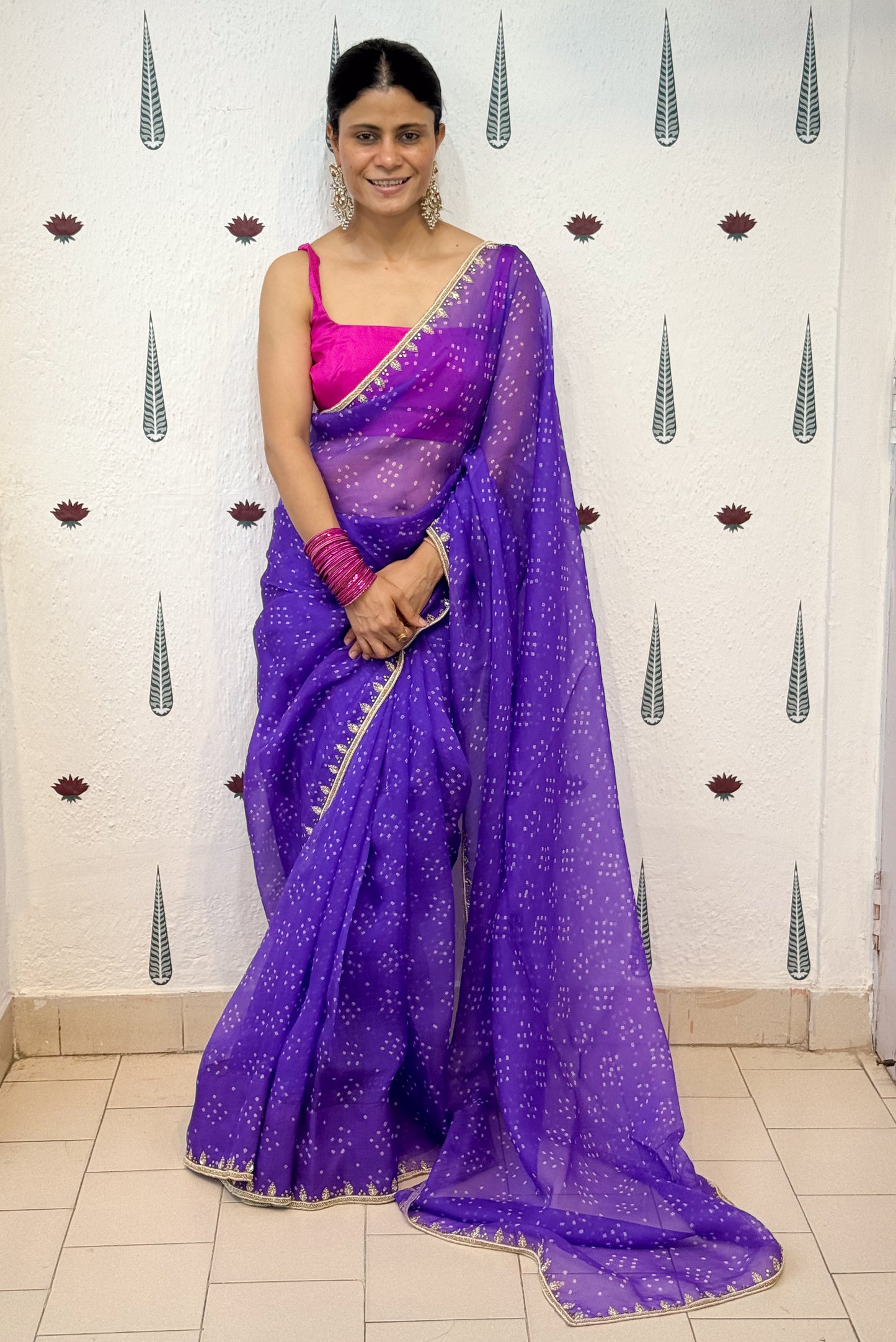Handloom & Hand Embroidered Bandhini Organza Silk Saree .