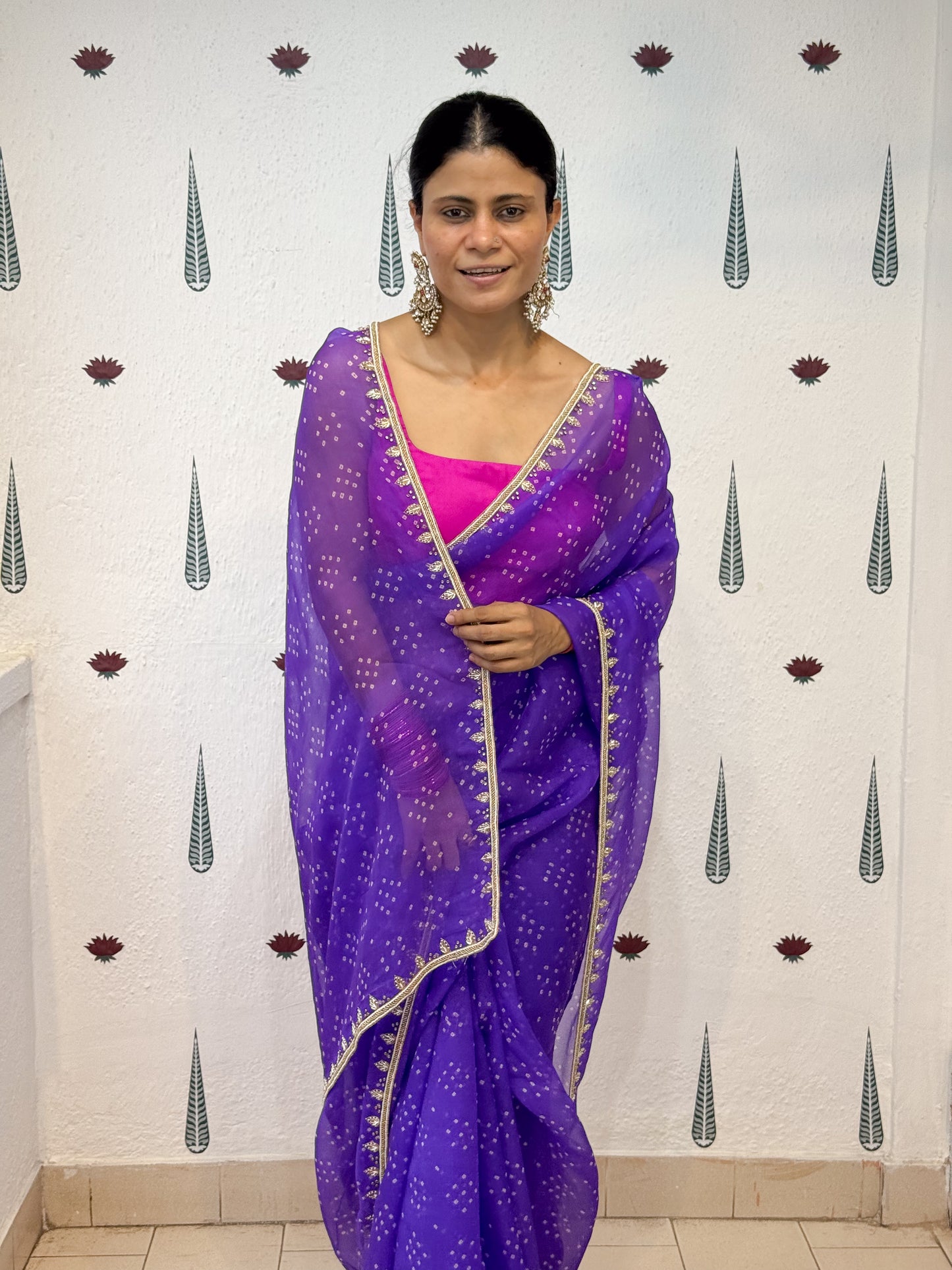 Handloom & Hand Embroidered Bandhini Organza Silk Saree .