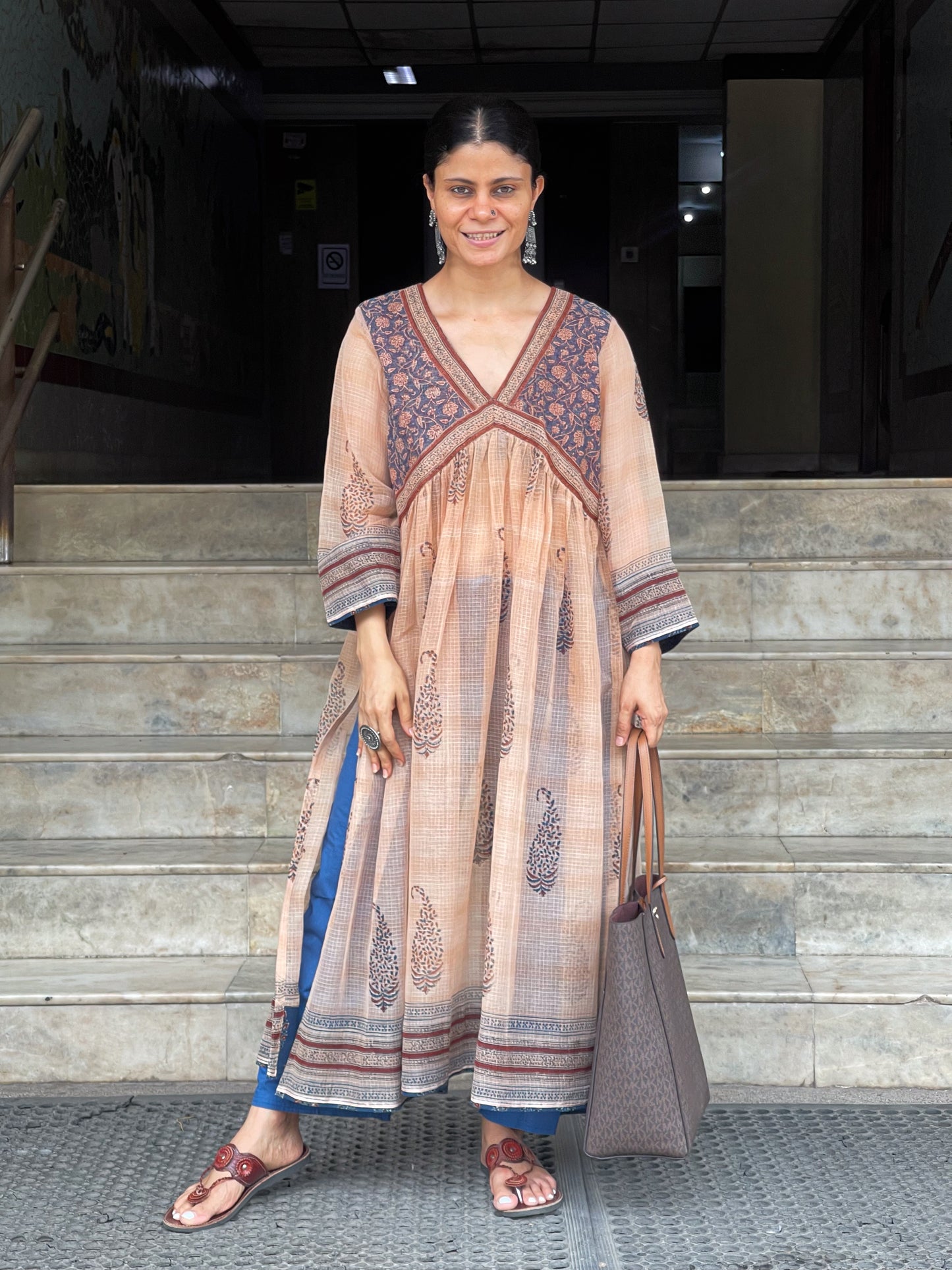 Handblock Printed Natural Dyed Kota Doria Kalidar Side Cut Kurta
