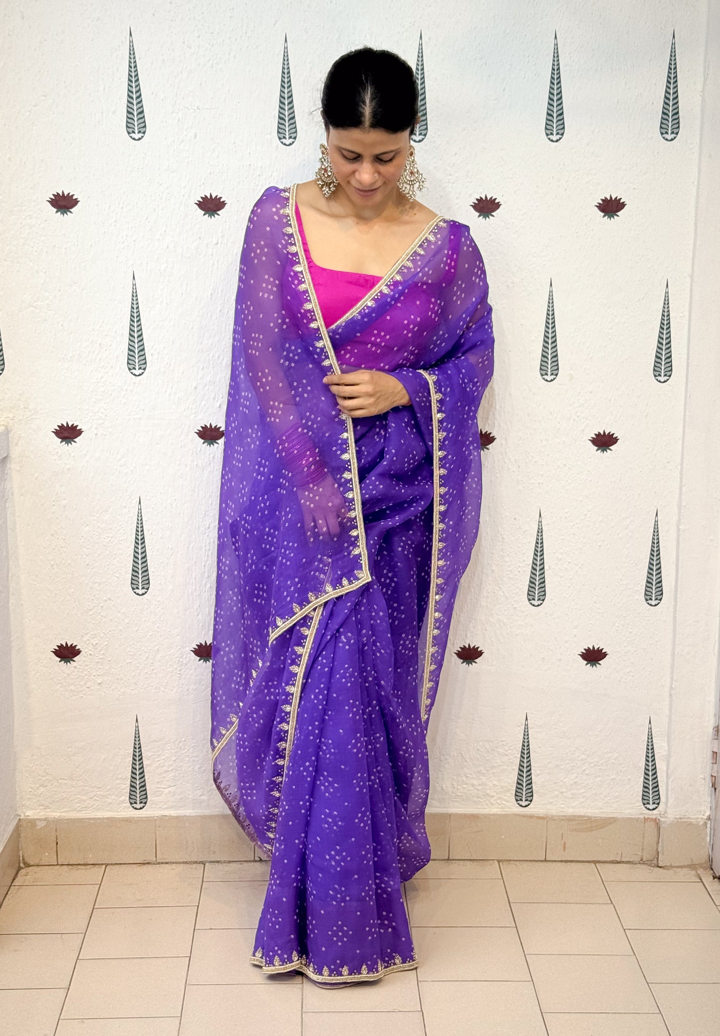 Handloom & Hand Embroidered Bandhini Organza Silk Saree .
