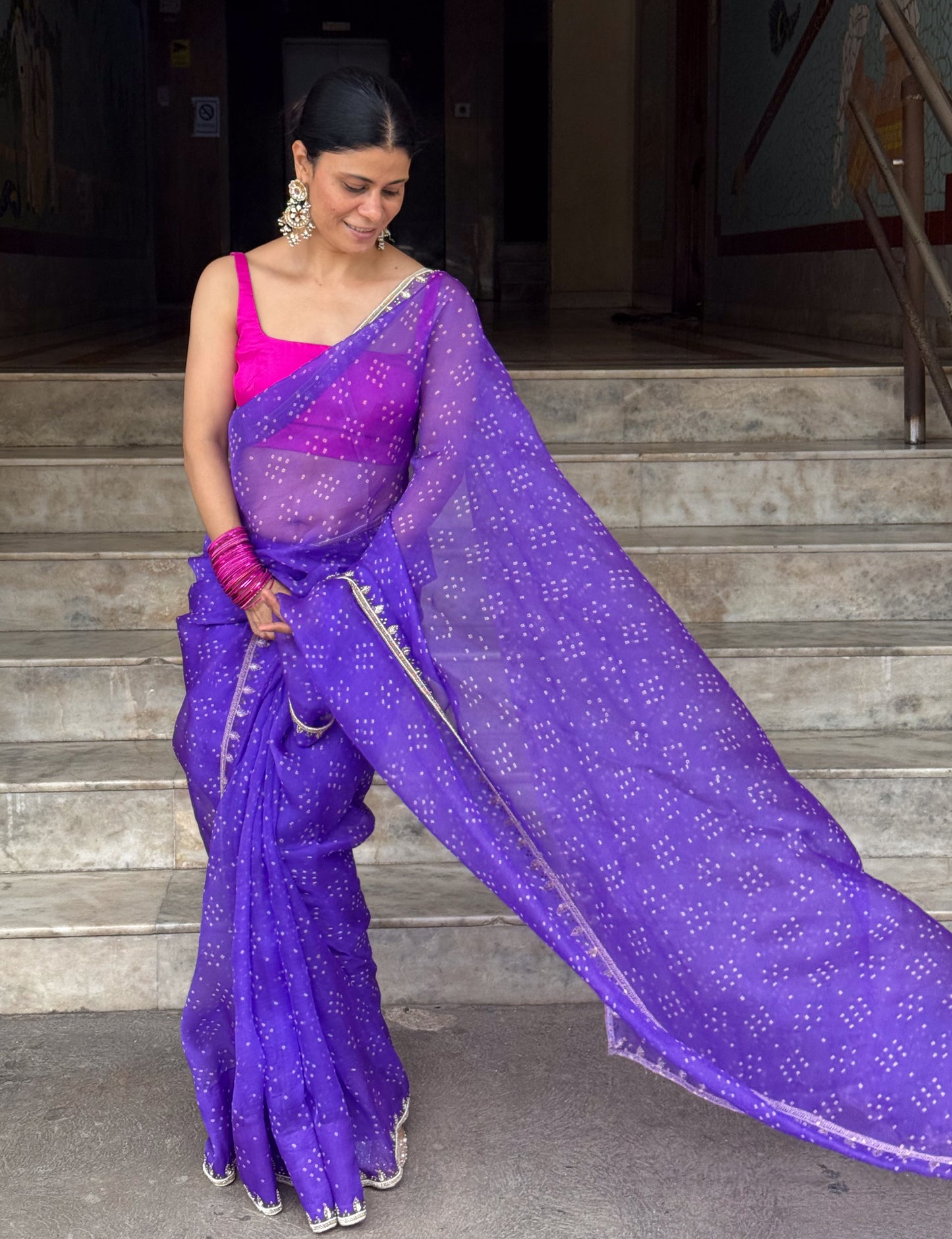 Handloom & Hand Embroidered Bandhini Organza Silk Saree .