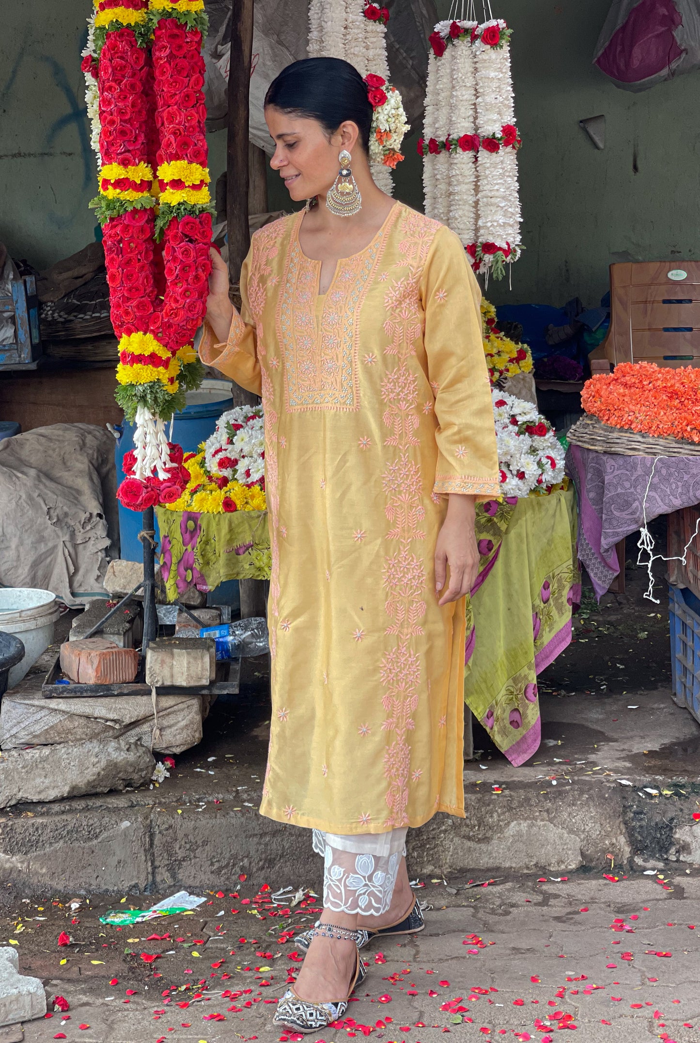 Handembroidered Chikankari Chanderi Silk Kurta With Dupatta