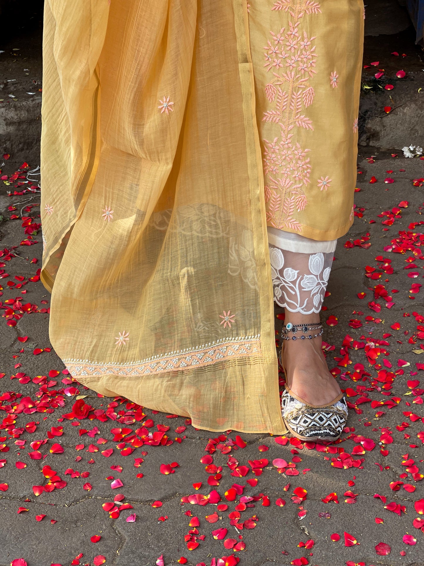 Handembroidered Chikankari Chanderi Silk Kurta With Dupatta