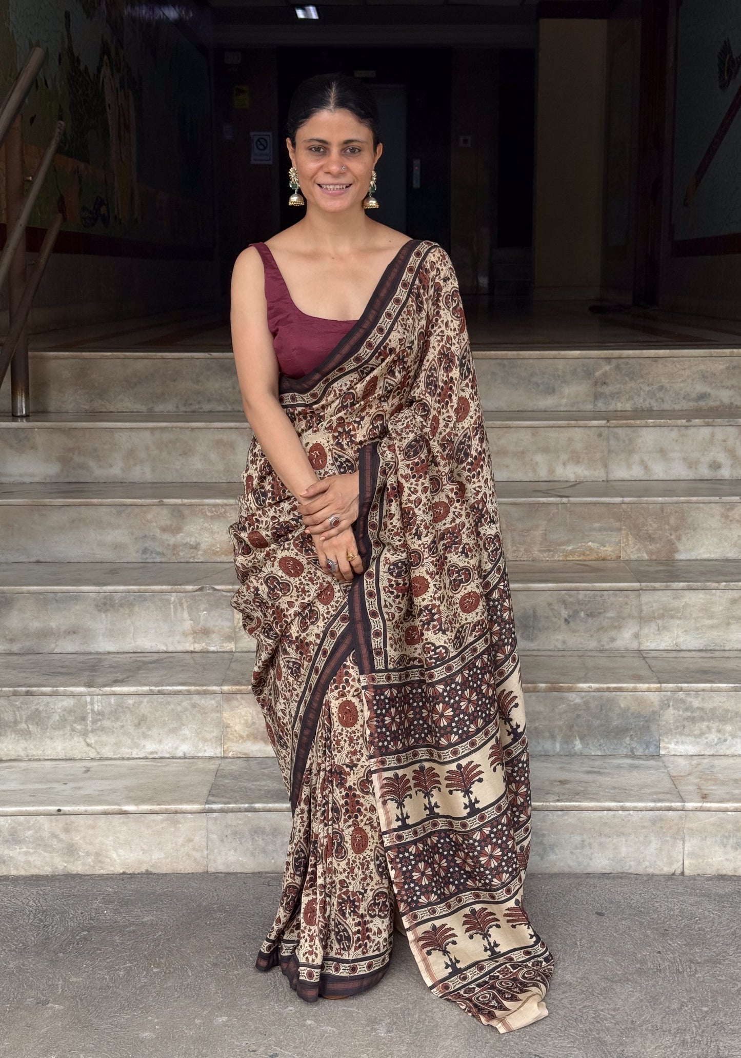 Pure Handblock Printed Ajrakh Chanderi Silk Saree.