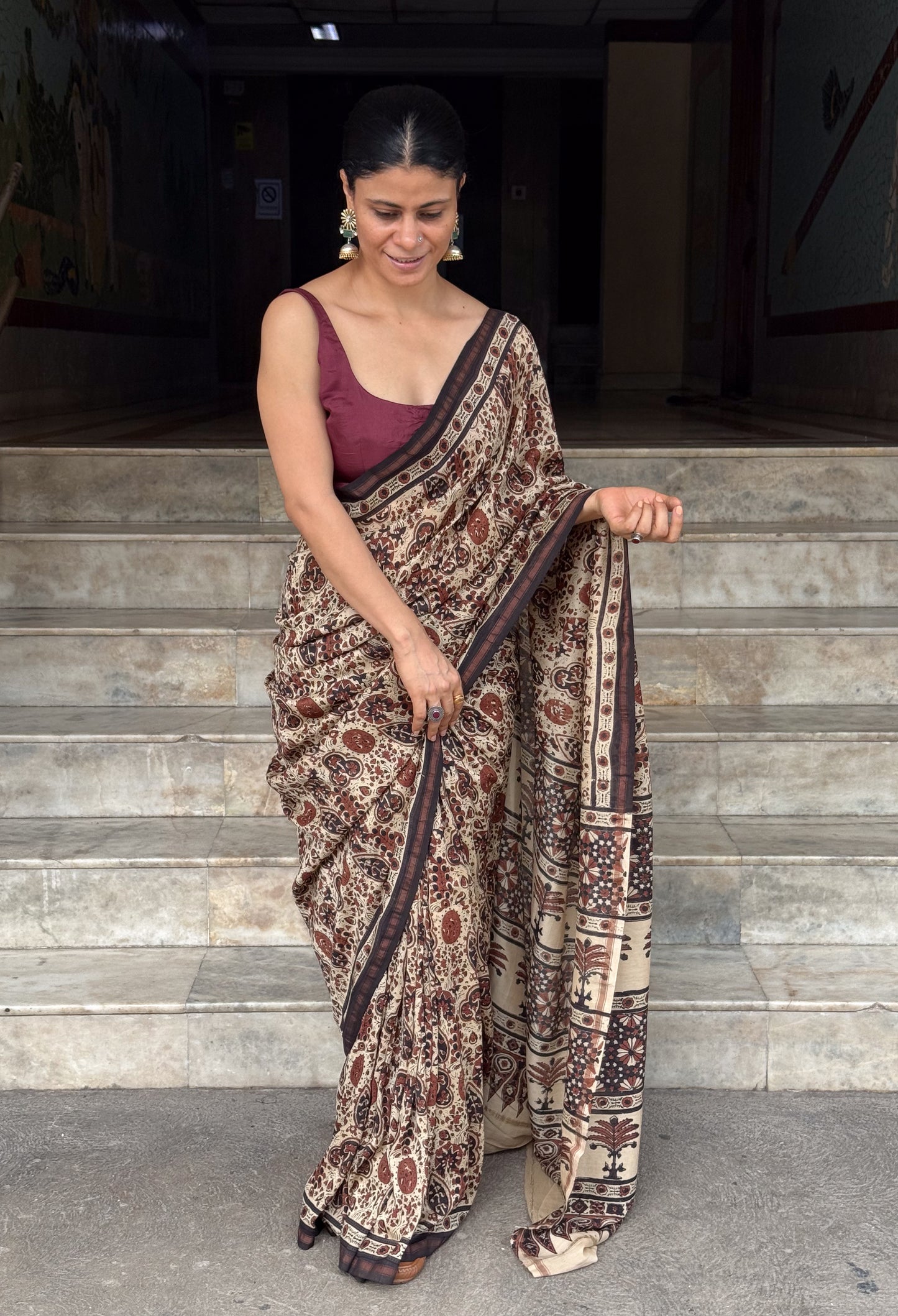 Pure Handblock Printed Ajrakh Chanderi Silk Saree.
