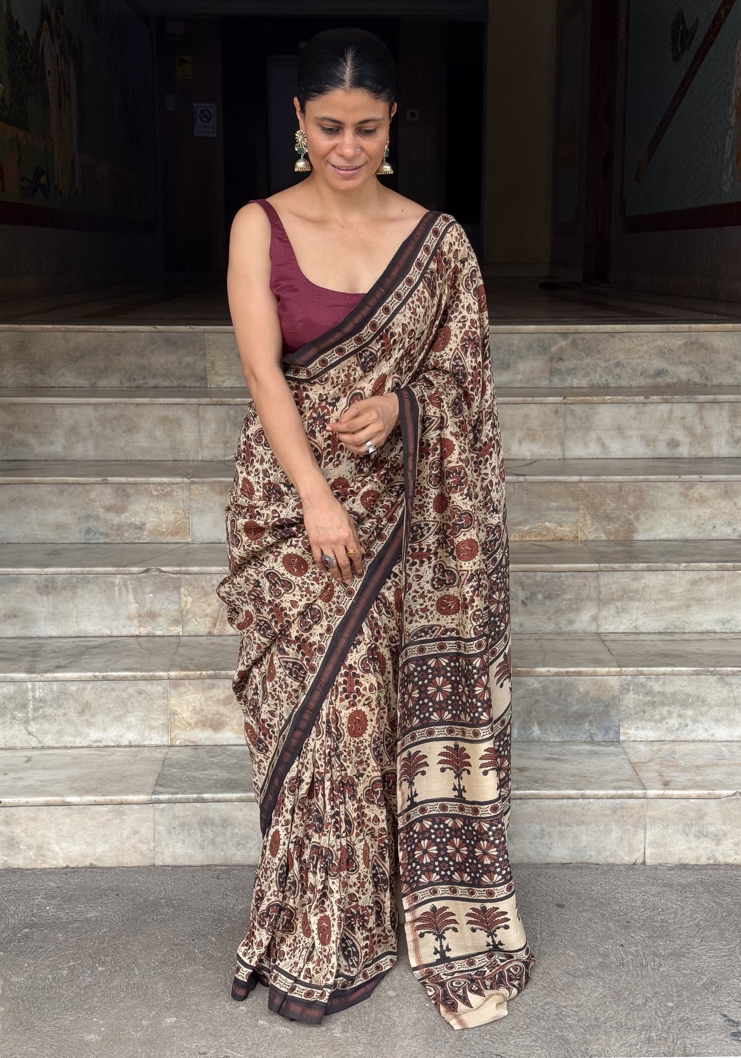 Pure Handblock Printed Ajrakh Chanderi Silk Saree.