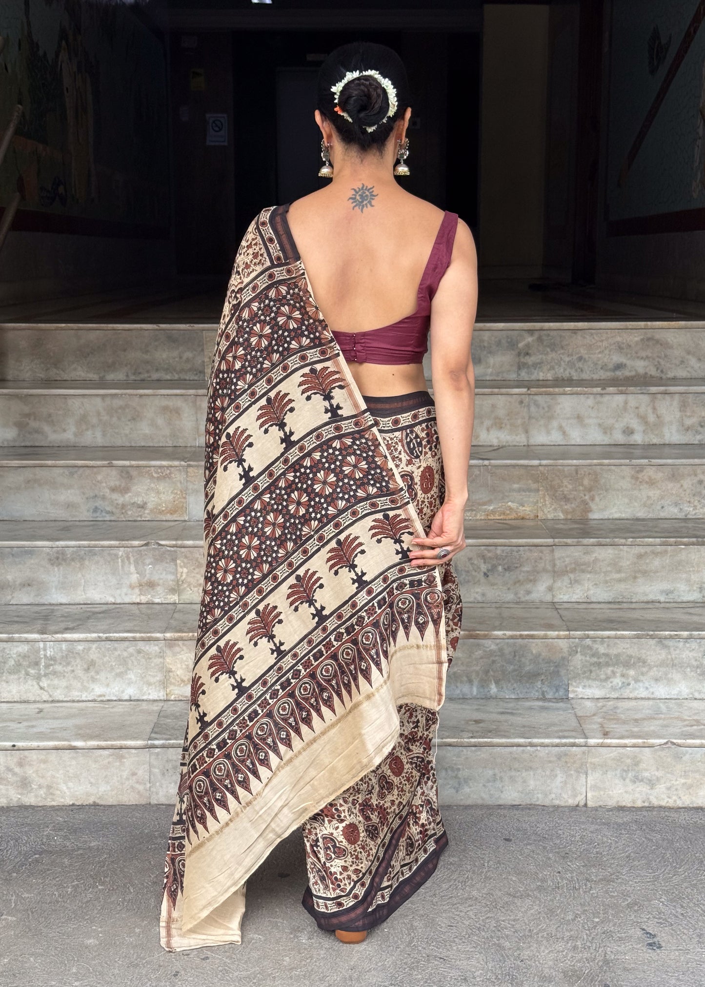 Pure Handblock Printed Ajrakh Chanderi Silk Saree.