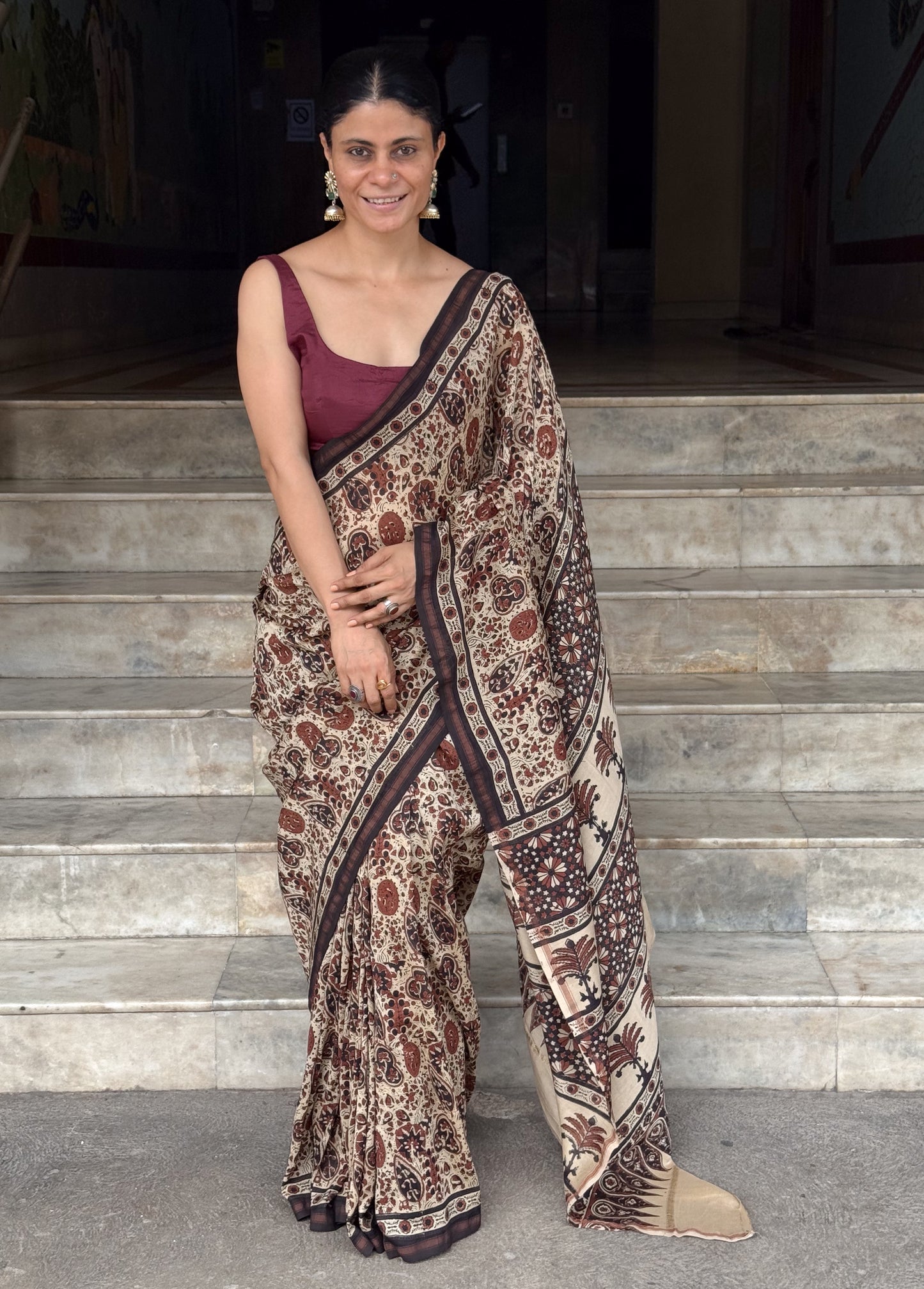 Pure Handblock Printed Ajrakh Chanderi Silk Saree.