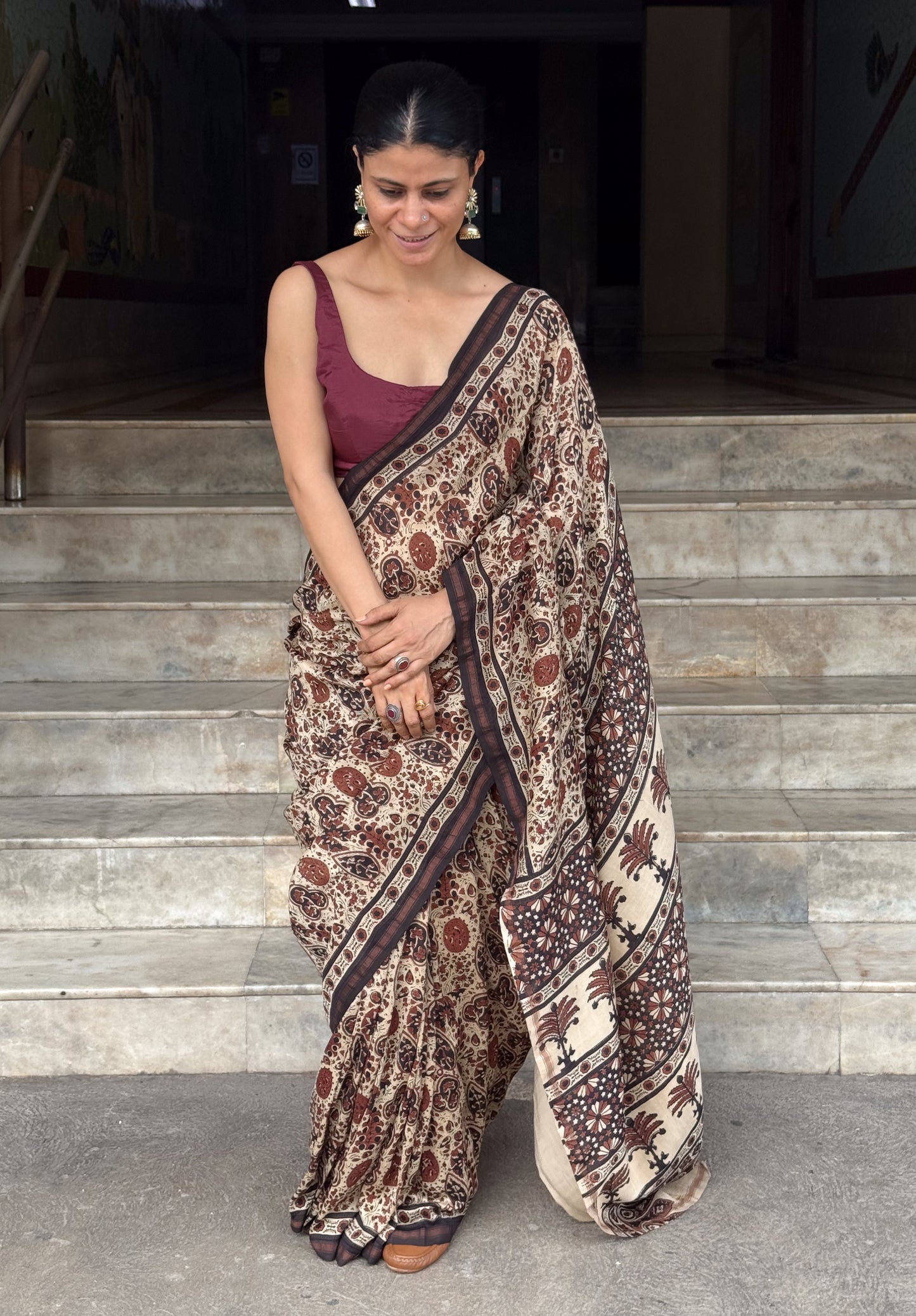 Pure Handblock Printed Ajrakh Chanderi Silk Saree.