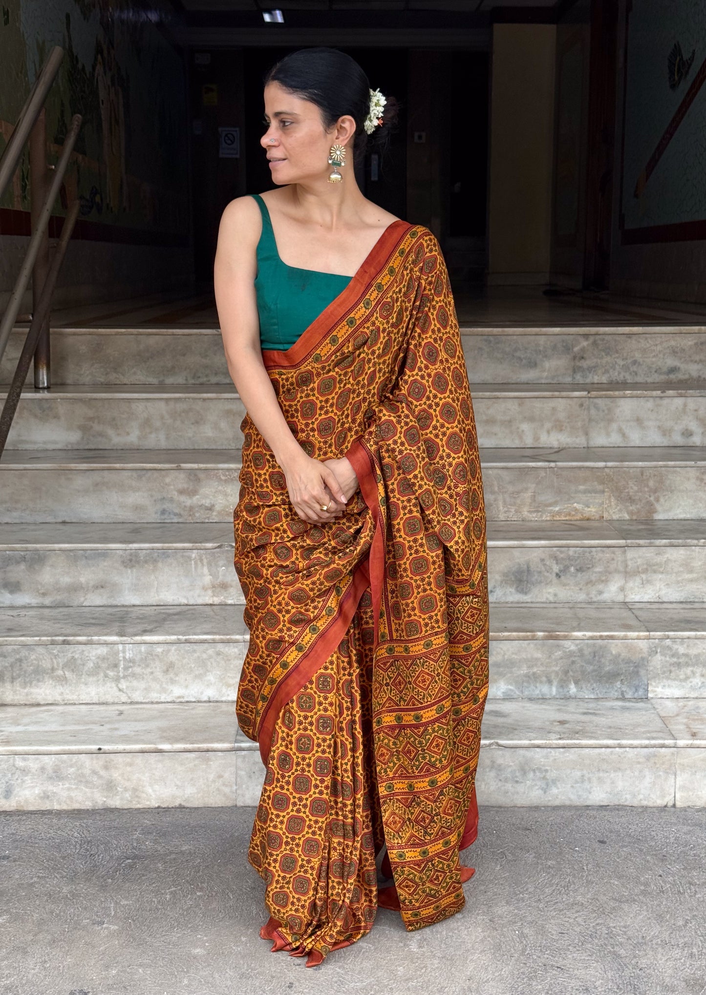 Pure Handblock Printed Ajrakh Crepe Silk Saree.