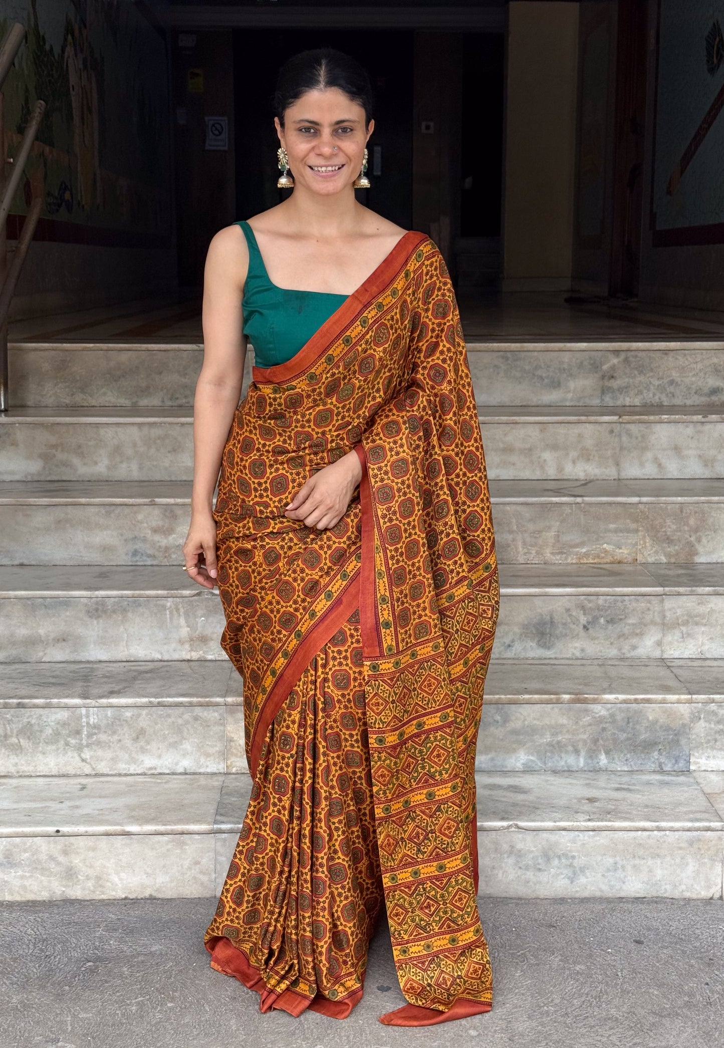 Pure Handblock Printed Ajrakh Crepe Silk Saree.