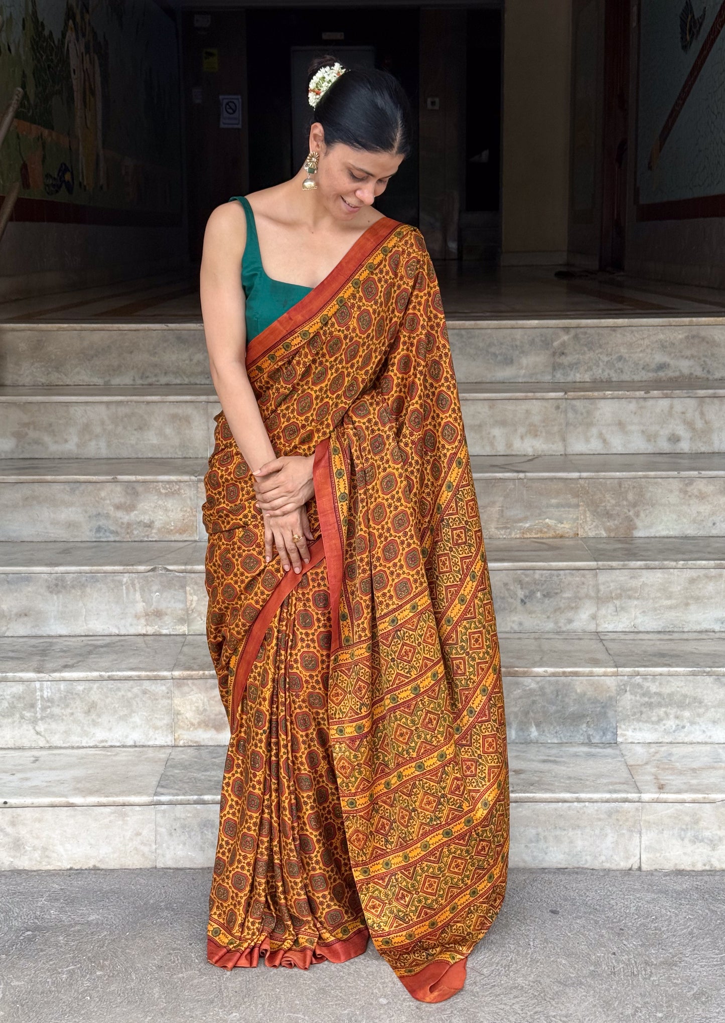 Pure Handblock Printed Ajrakh Crepe Silk Saree.