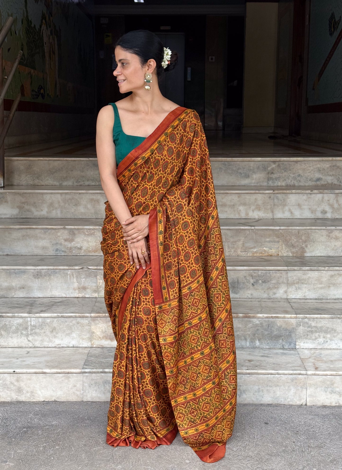 Pure Handblock Printed Ajrakh Crepe Silk Saree.