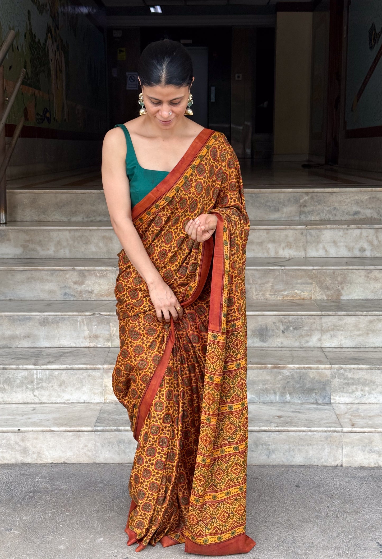Pure Handblock Printed Ajrakh Crepe Silk Saree.