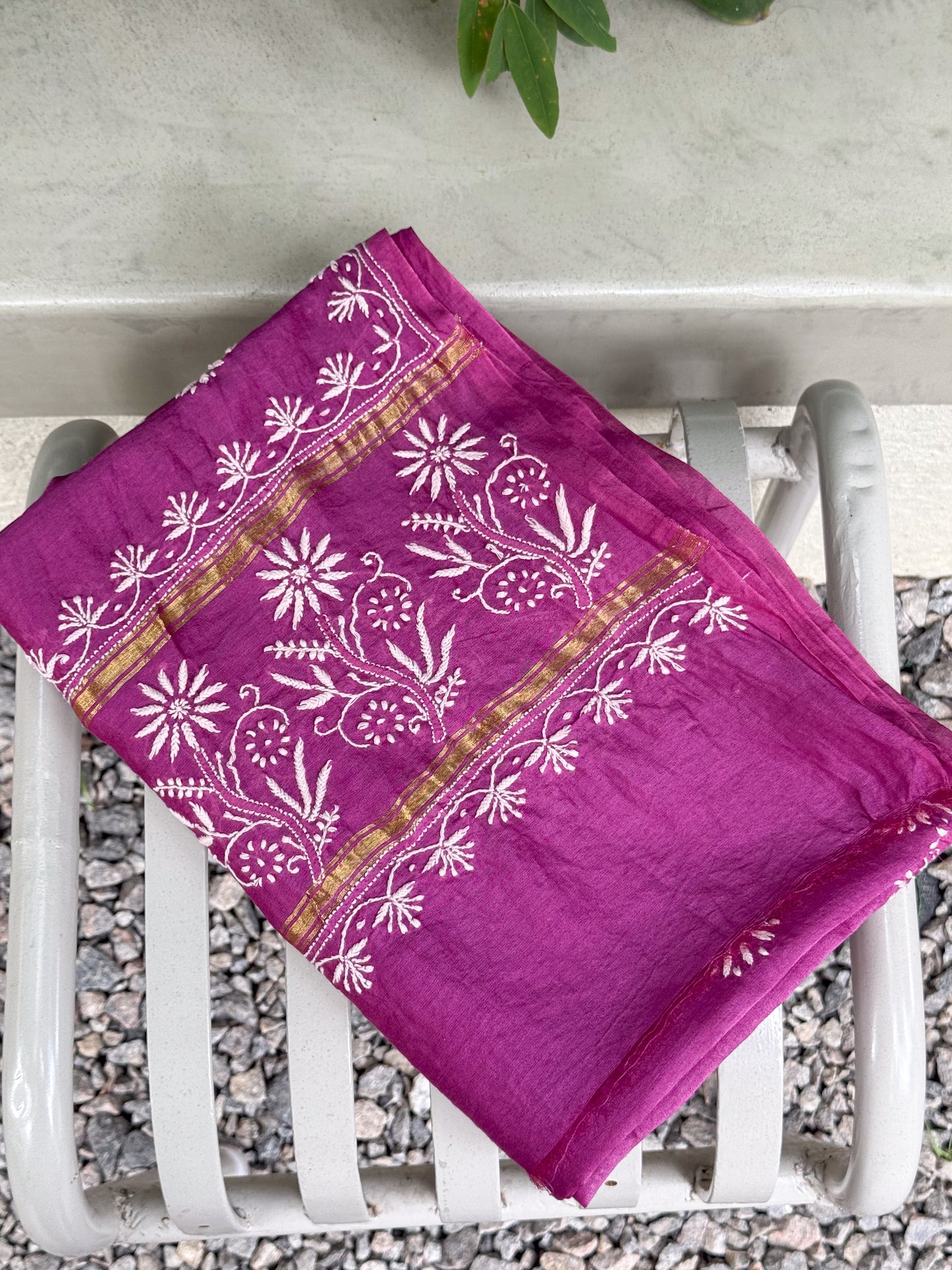 Handembroidered Chikanakri Pure Muslin Chanderi Saree