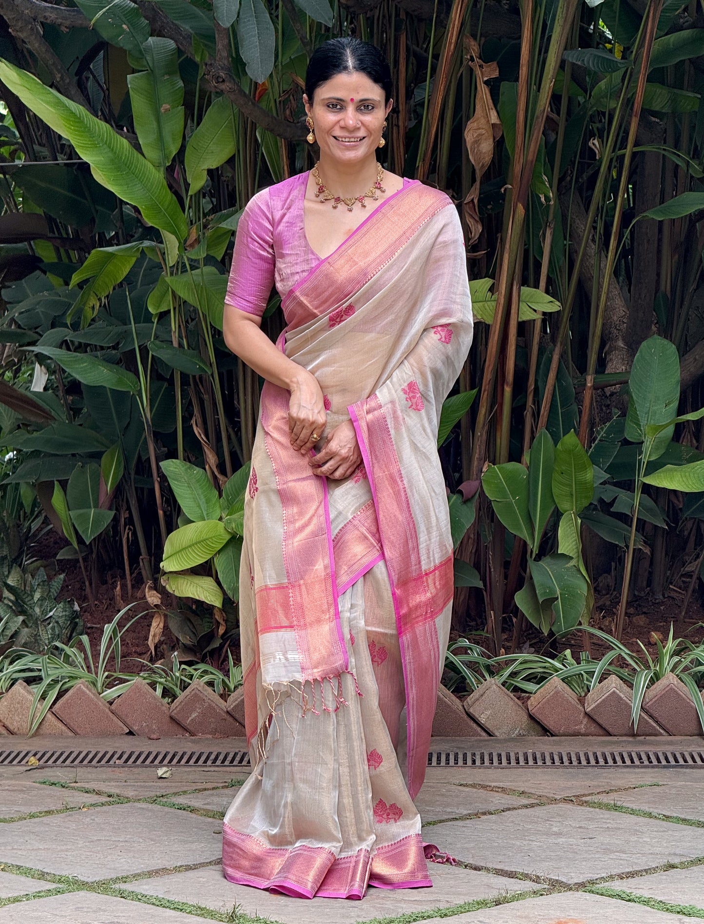 Handloom Tissue Silk Saree Adorned With Handmade Motifs