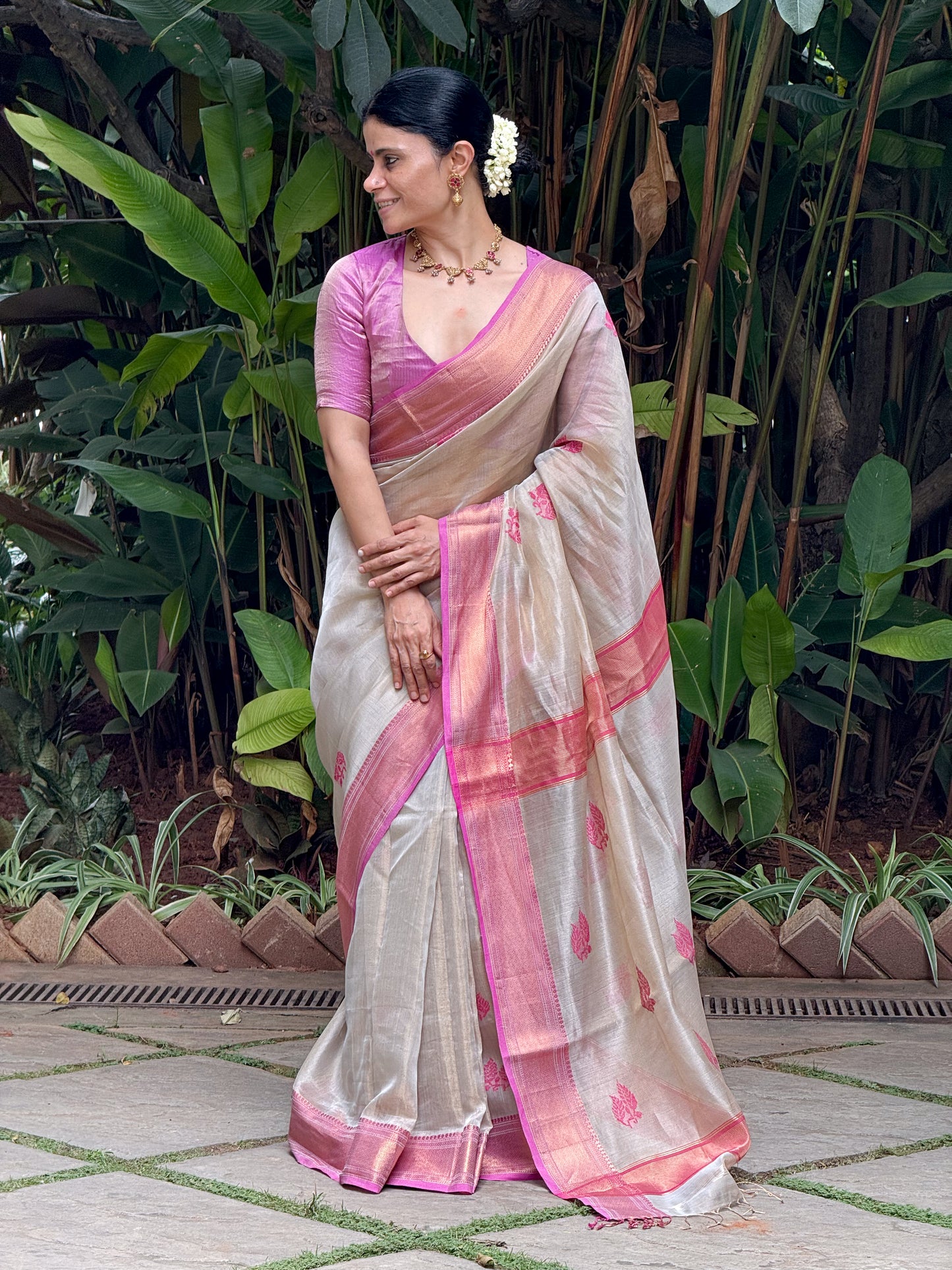 Handloom Tissue Silk Saree Adorned With Handmade Motifs