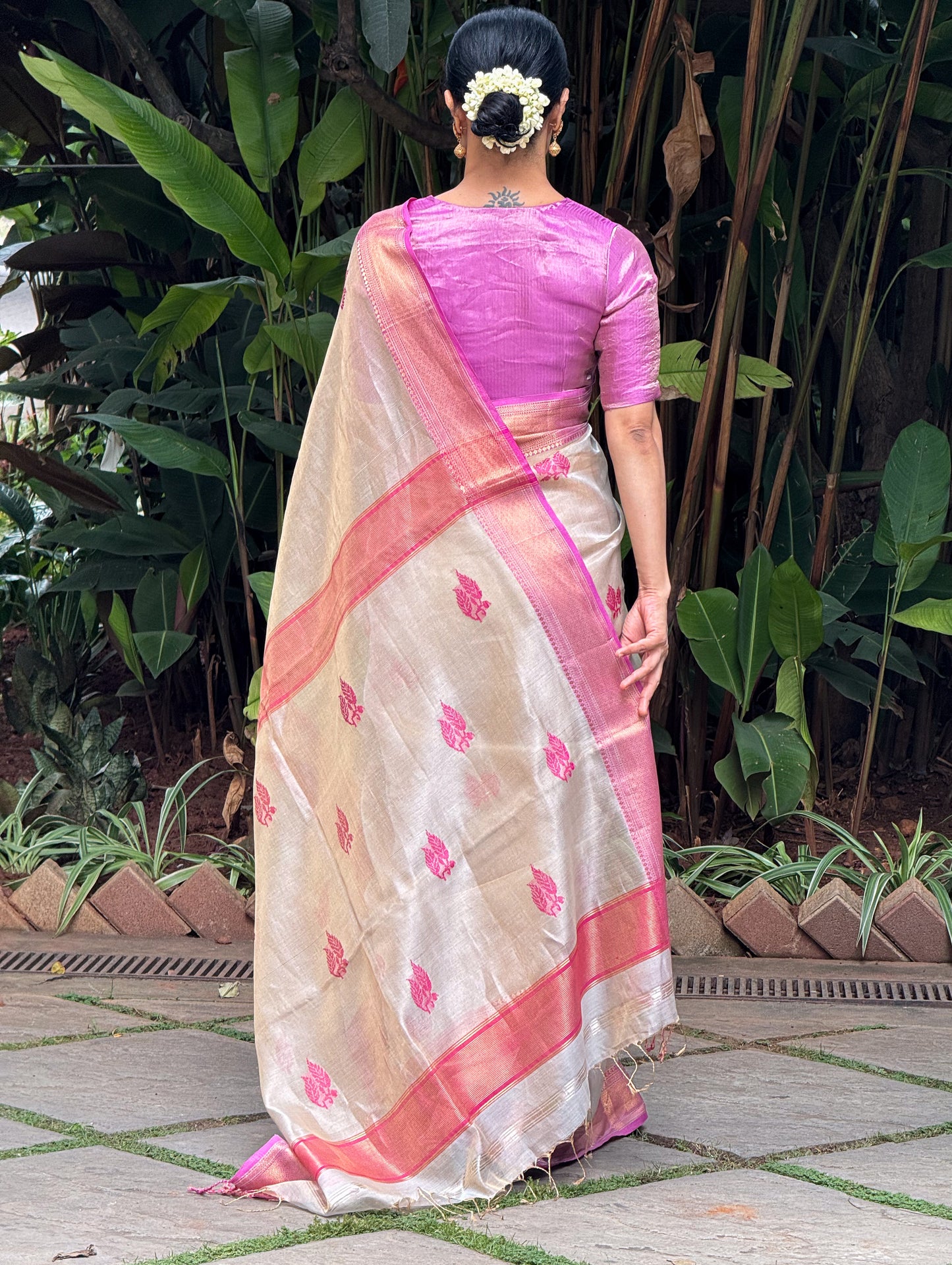Handloom Tissue Silk Saree Adorned With Handmade Motifs